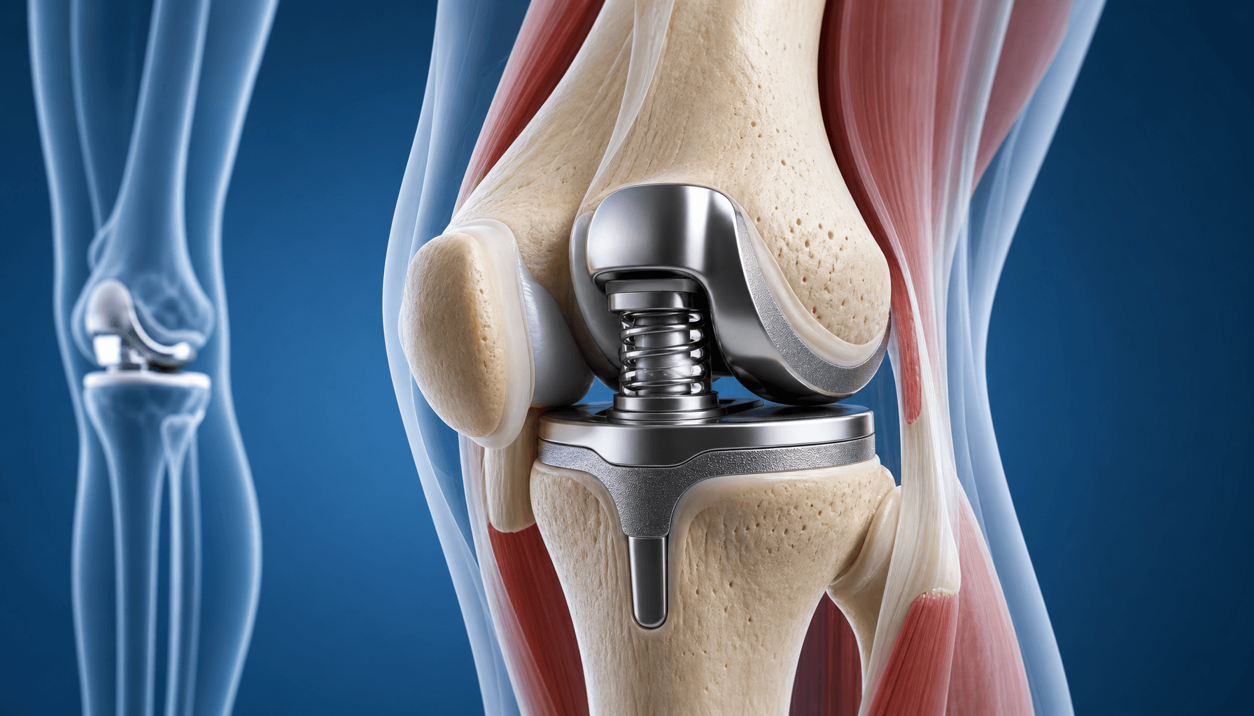 A detailed 3D medical illustration showing a human knee joint with an implanted metallic shock-absor