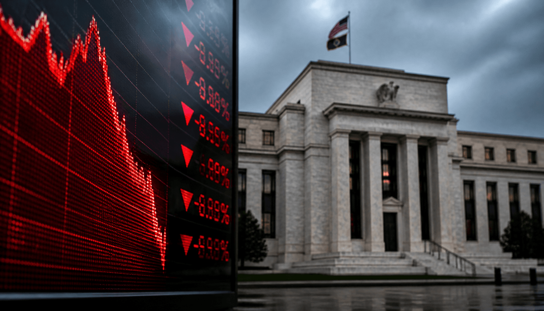 A cinematic shot of a digital stock market board showing red downward trends, with the US Federal Re