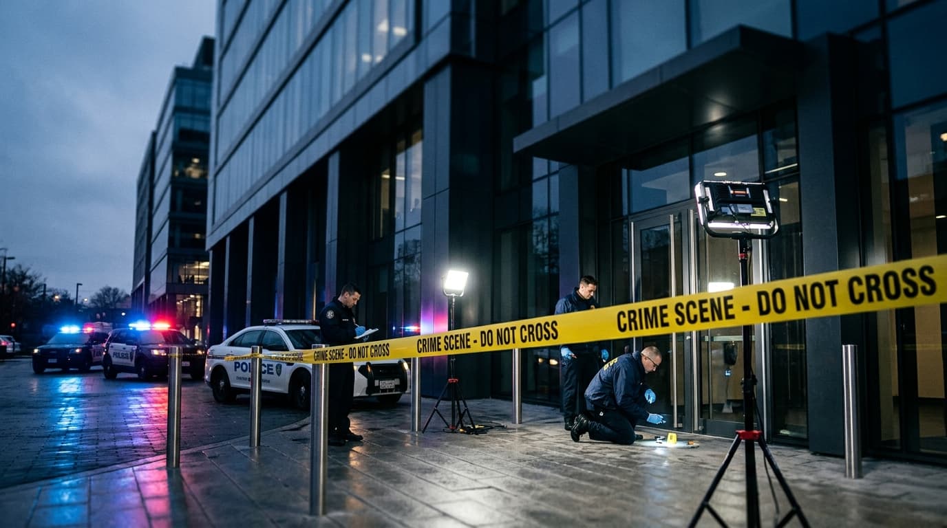 A modern, sleek office building facade blurred in the background, with police tape and forensic ligh