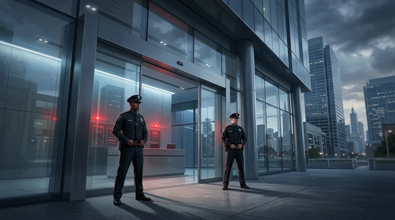 A modern, high-tech corporate building in San Francisco, cinematic lighting, tense atmosphere, profe