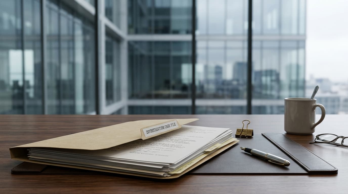 A solemn investigative scene, legal folder document on a desk, blurred background of a modern office
