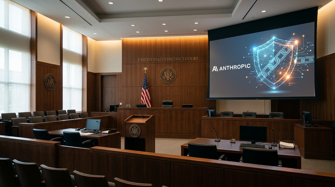 A modern federal courtroom interior, with a digital overlay showing the Anthropic logo and a abstrac