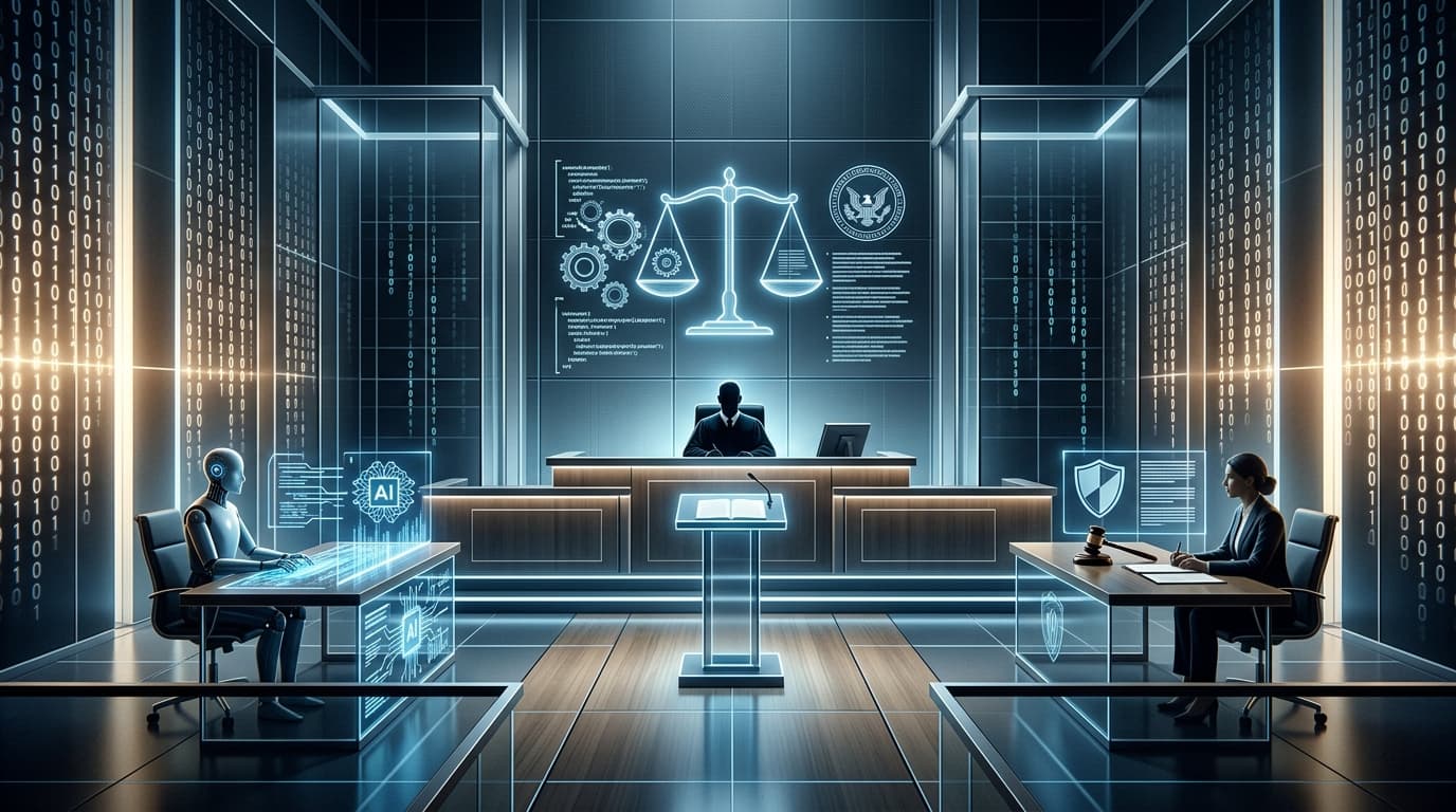 A modern, abstract digital courtroom setting with binary code glowing in the background, symbolizing