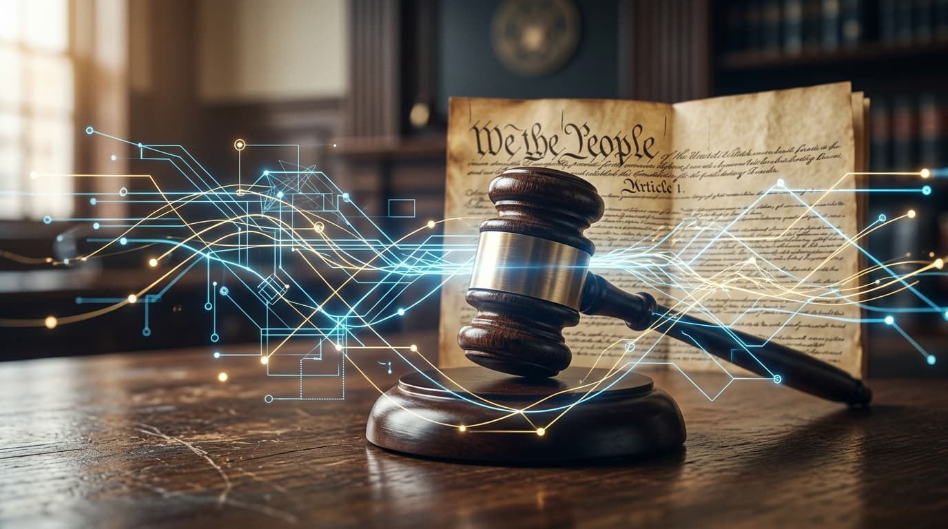 A courtroom gavel sitting on a wooden desk, with an overlay of digital network lines representing te