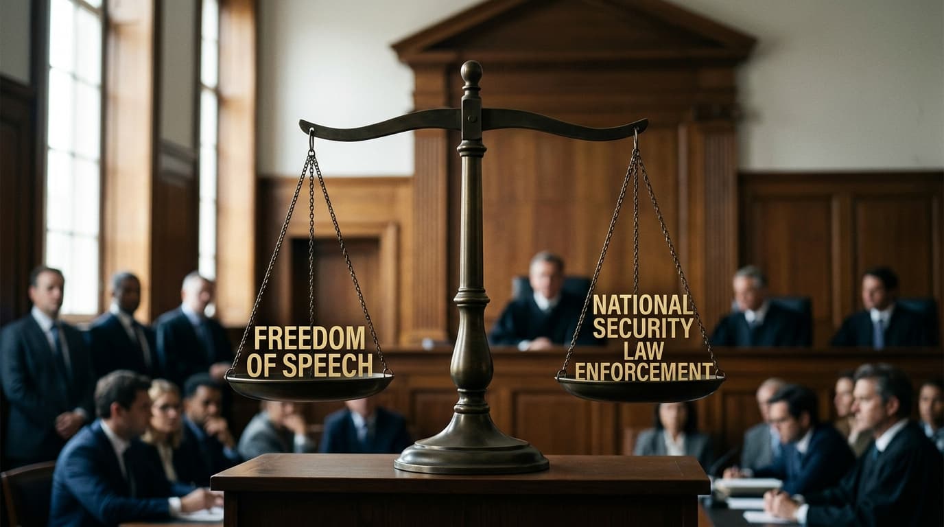 A courtroom scene, focus on a balanced scale of justice, with one side of the scale labeled 'Freedom