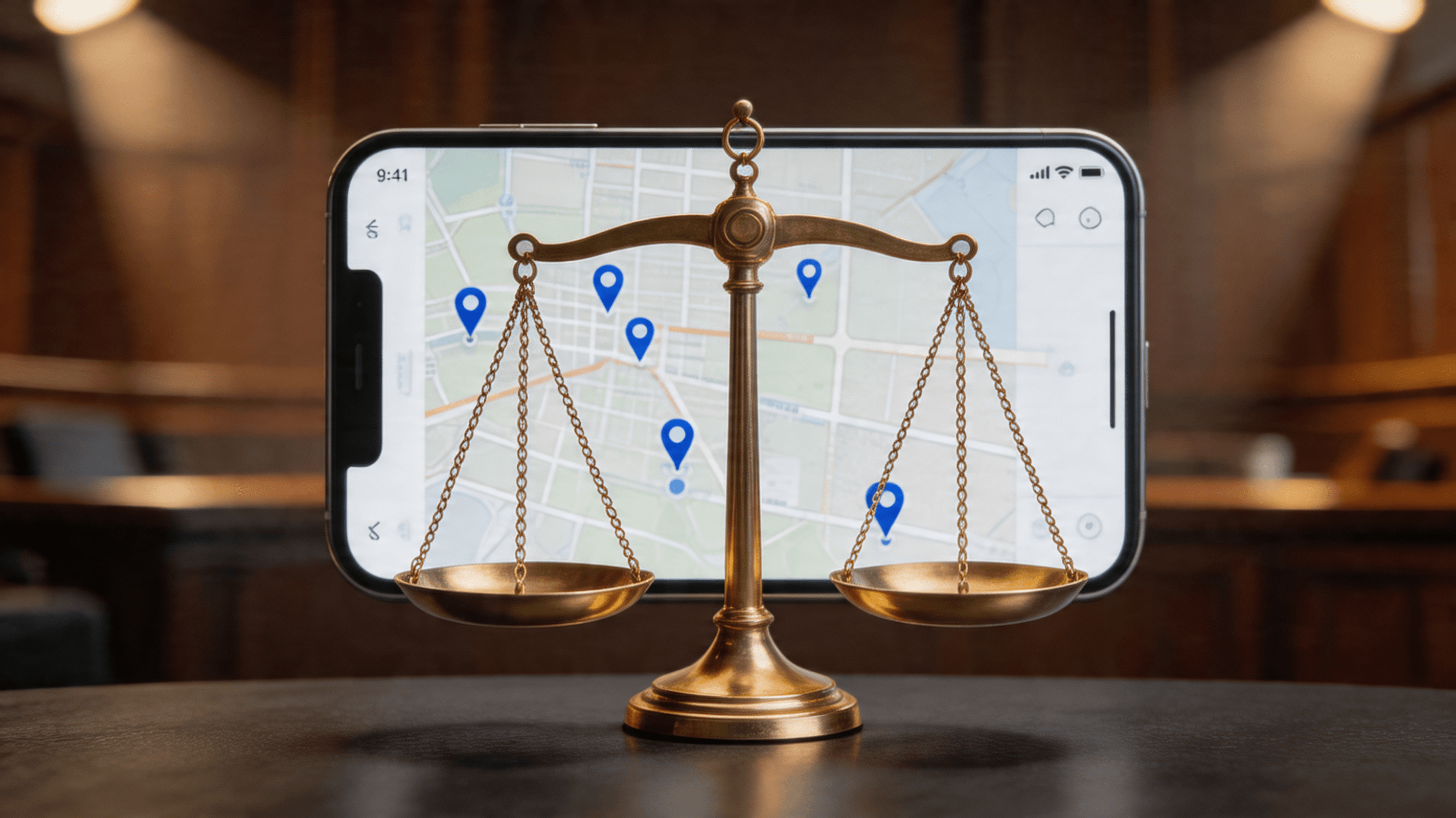 Legal scale balanced in front of a smartphone screen showing a community tracking app, courtroom sty