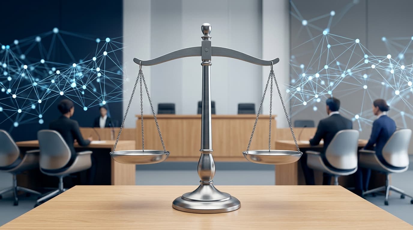 A courtroom setting, minimalist style, with a digital, abstract representation of AI neural networks