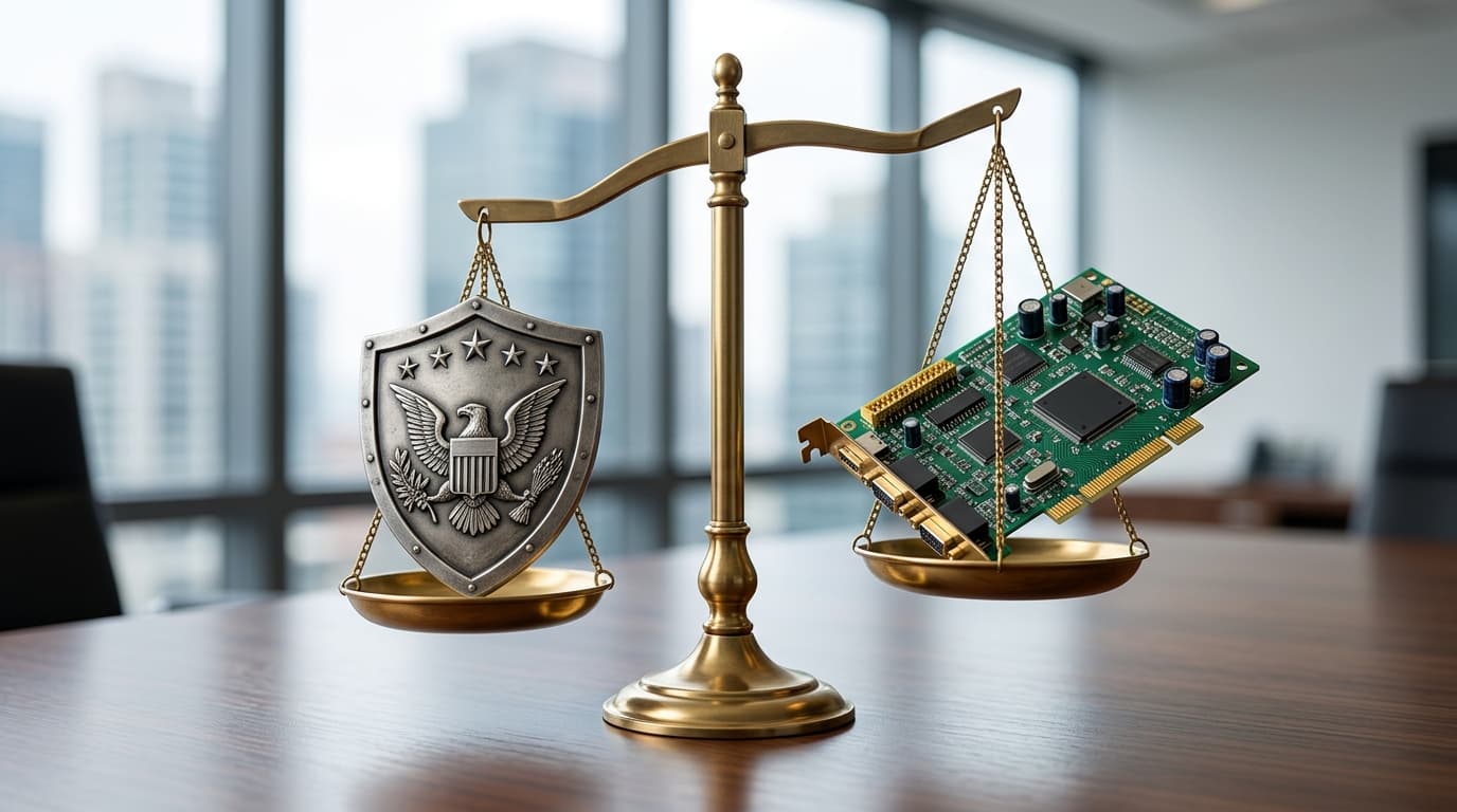 A scales of justice weighing a computer circuit board against a stylized U.S. military shield, refle