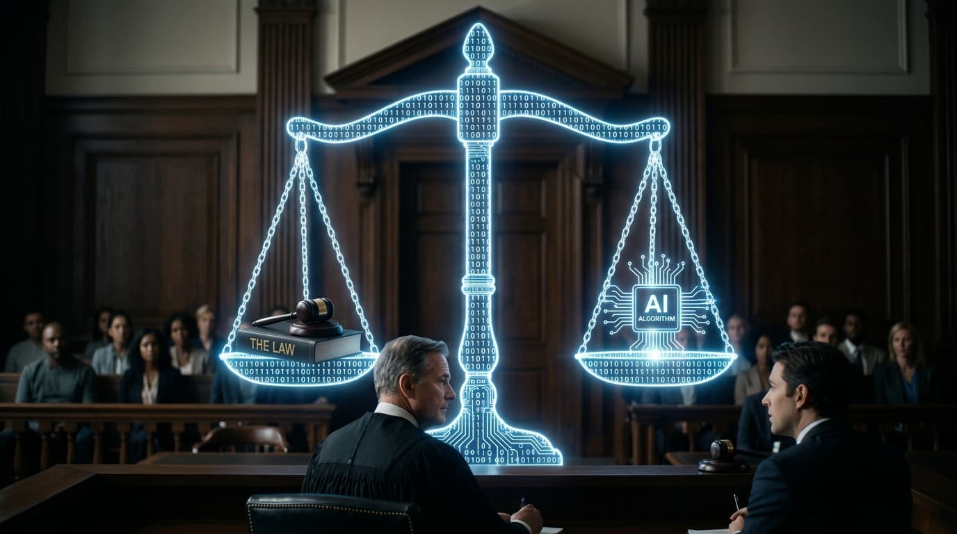 A courtroom setting with a balance scale made of binary code (0s and 1s) representing AI weighing ju