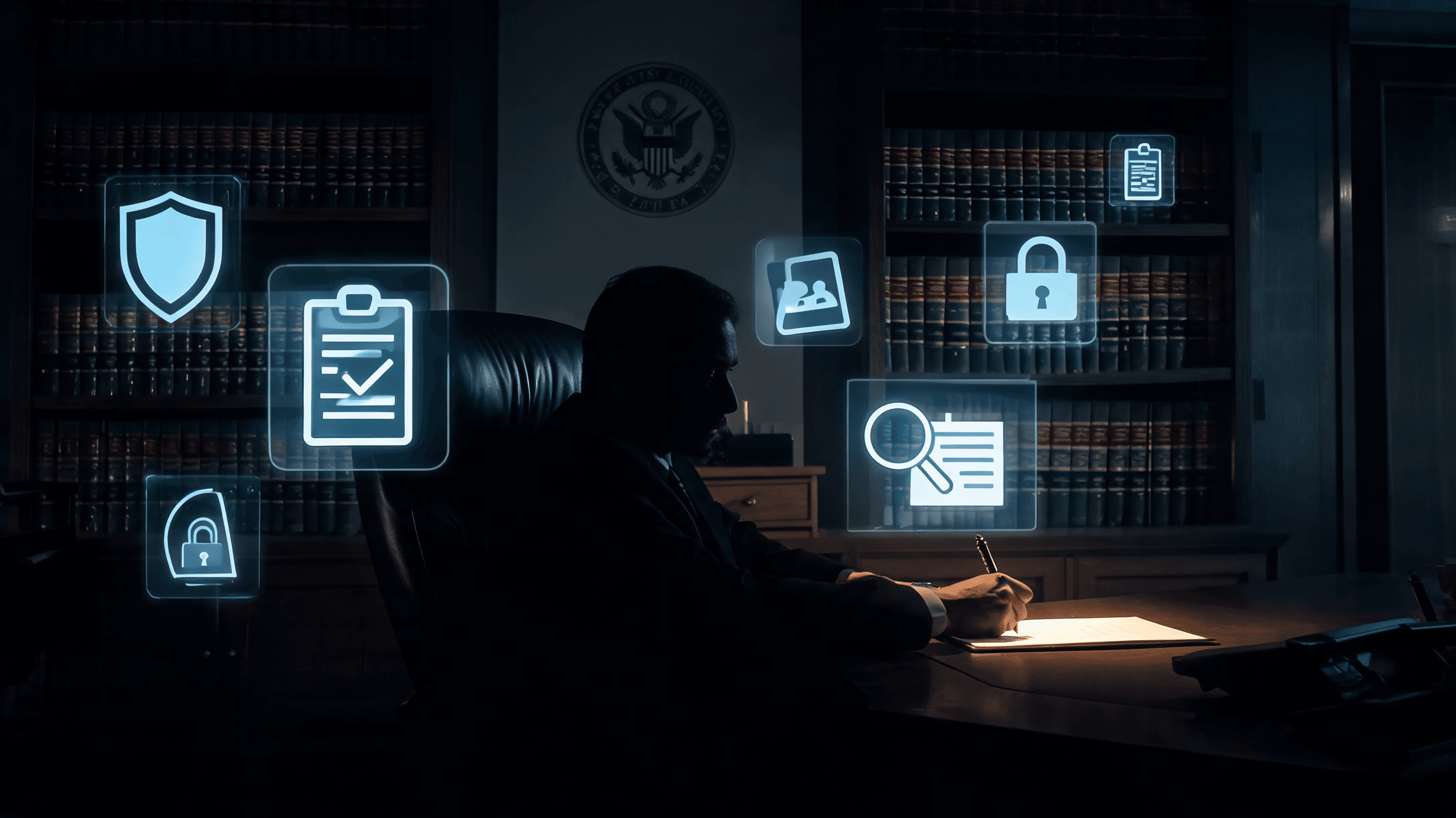 An artistic representation of a federal office, with a silhouette of a person signing a document, ov