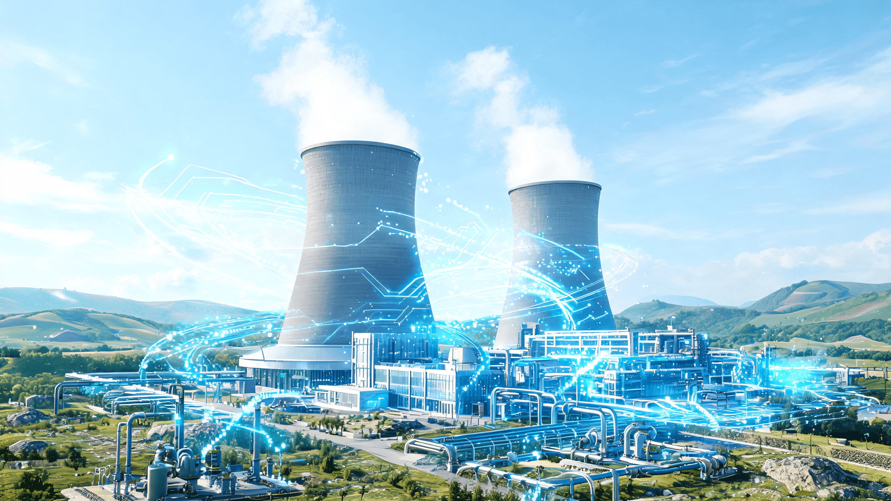 A modern geothermal power plant integrated with digital data streams and glowing fiber-optic circuit