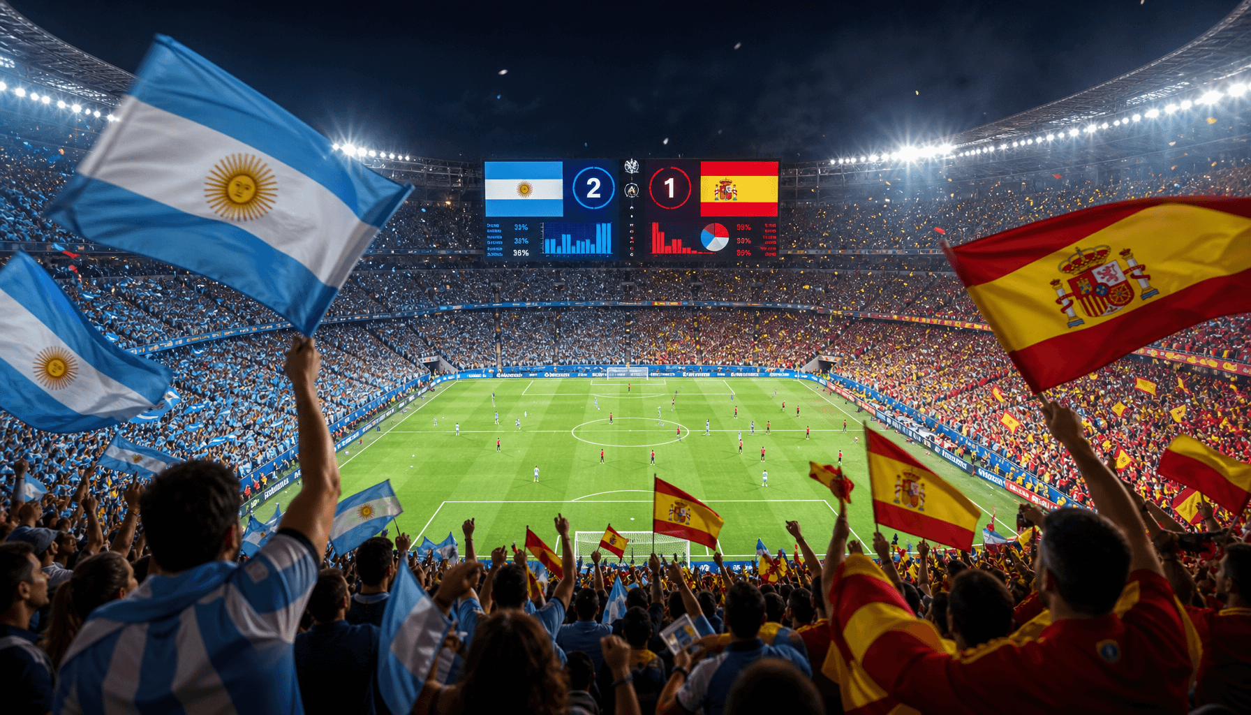 A vibrant, high-energy scene of a global stadium at night, flags of Argentina and Spain waving, digi
