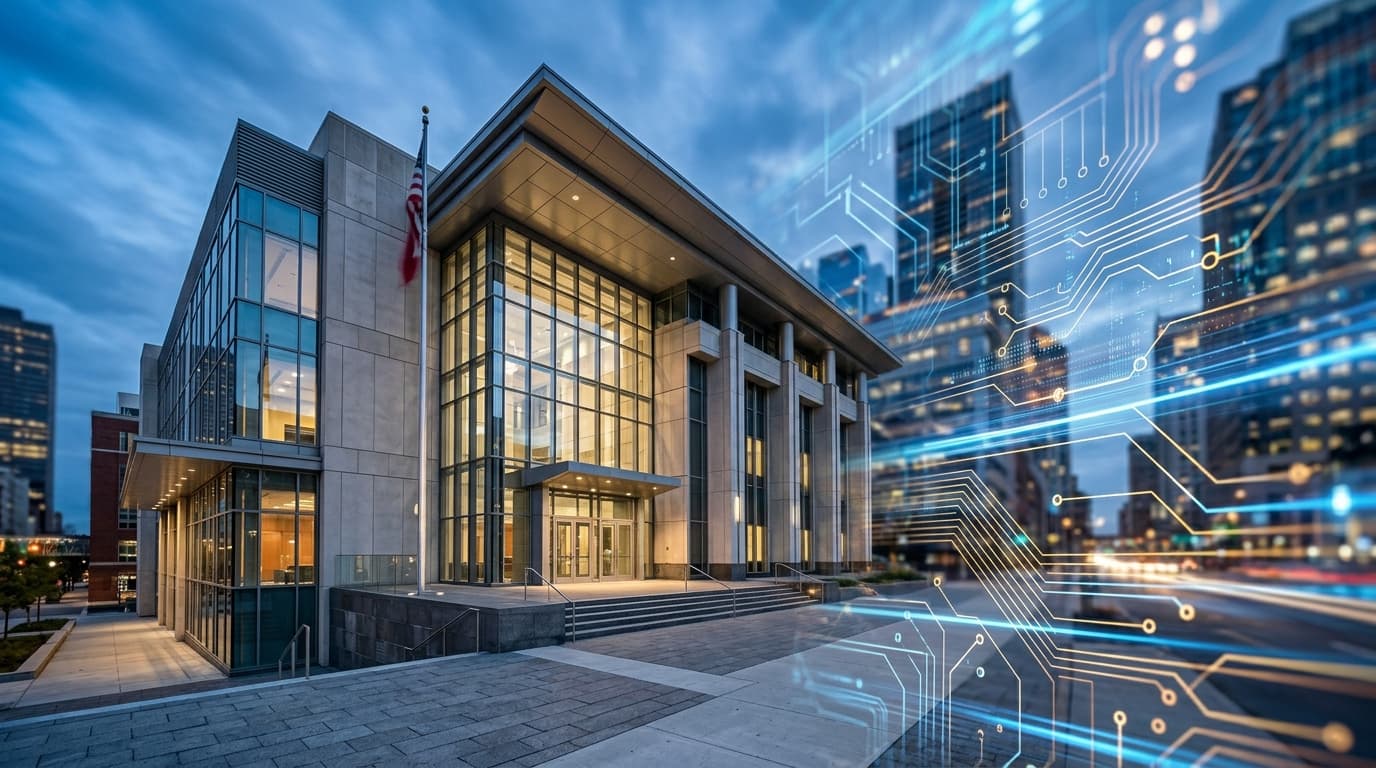 A modern courtroom building exterior with a blurred background of a technology digital circuit overl