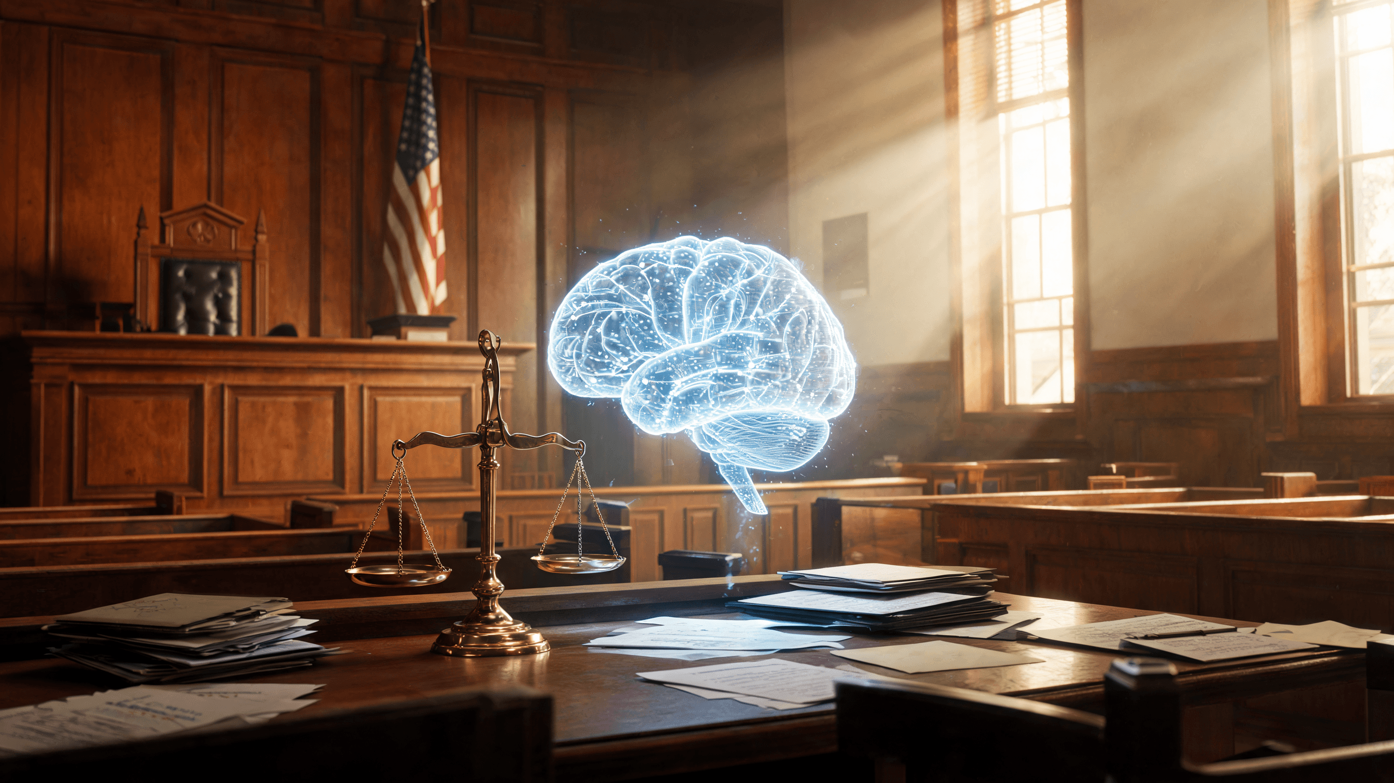 A courtroom setting in Florida with a digital holographic representation of an AI brain, dramatic li