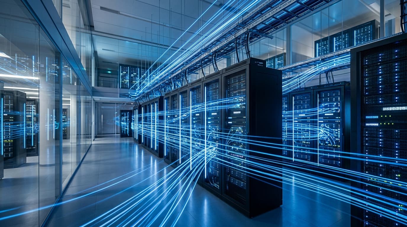A modern, abstract representation of interconnected server racks in a glowing, futuristic data cente
