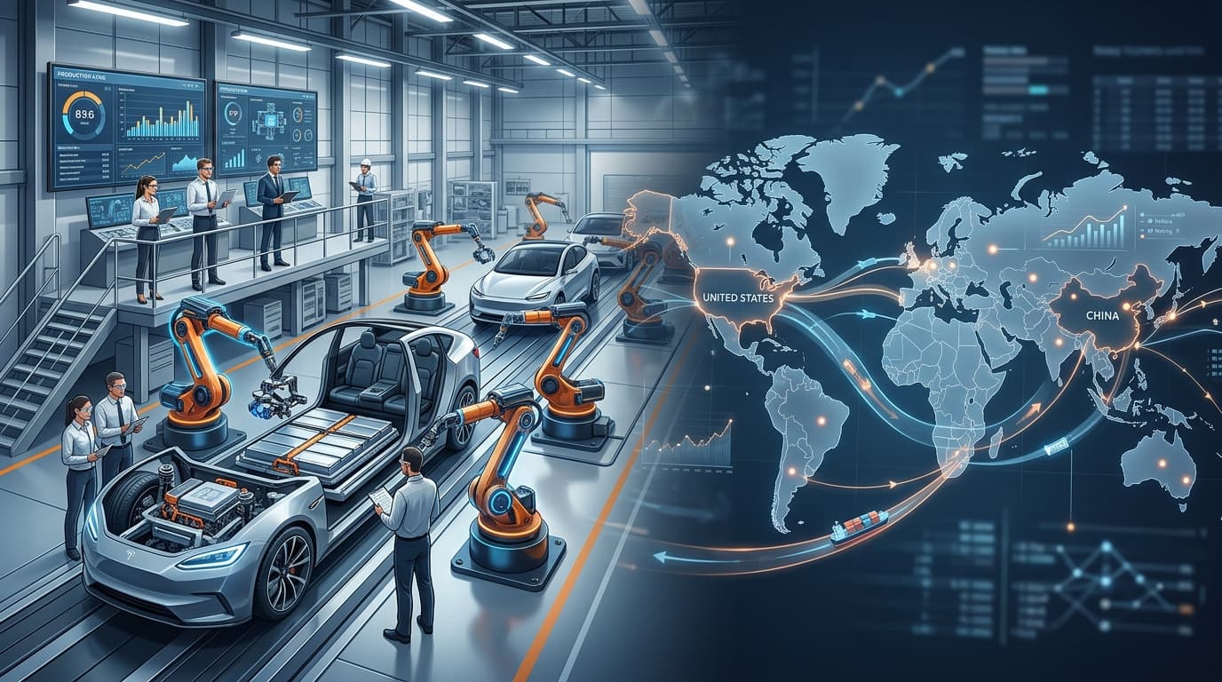 A symbolic contrast image: a futuristic electric car production line on one side, and a map connecti