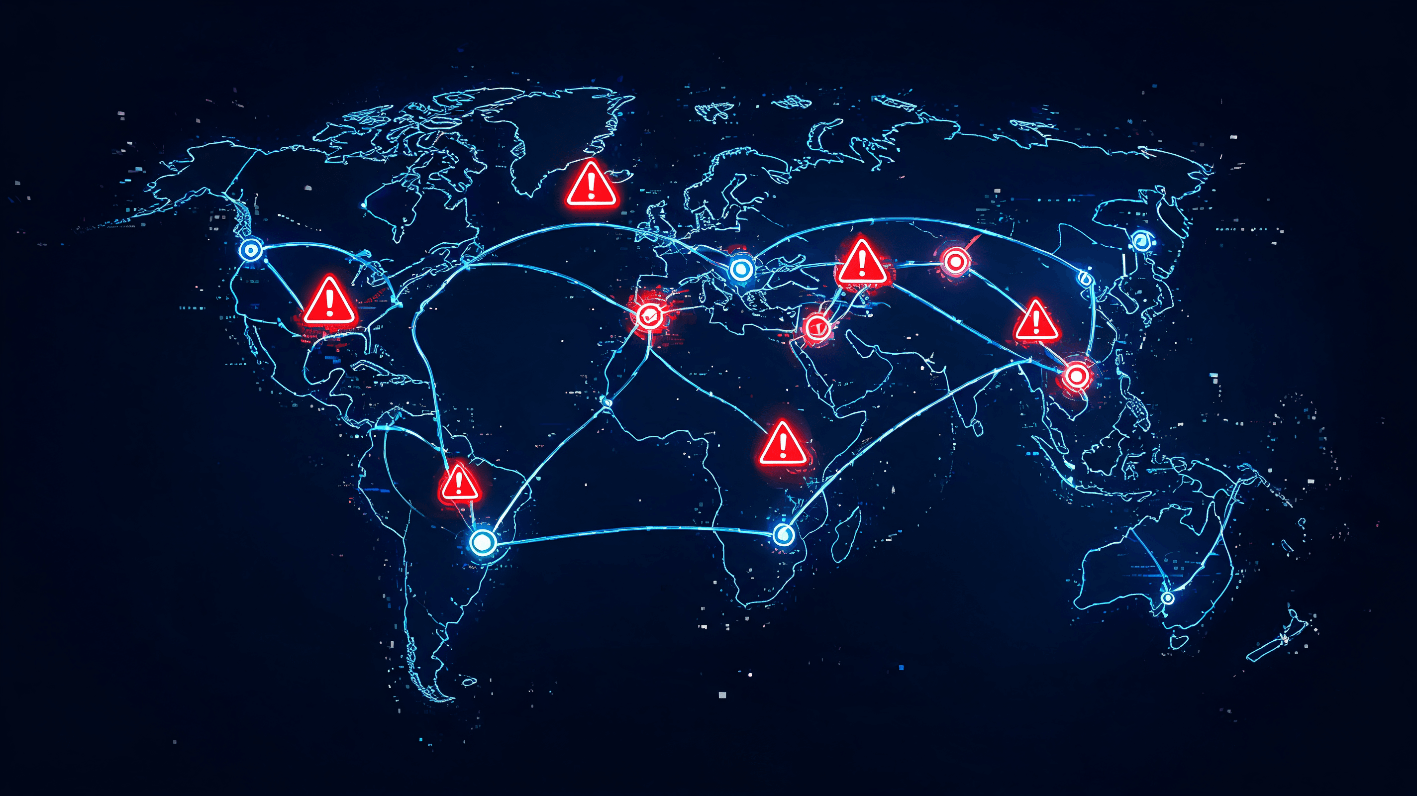 Digital representation of a global supply chain network with red alert warnings, cybersecurity and d