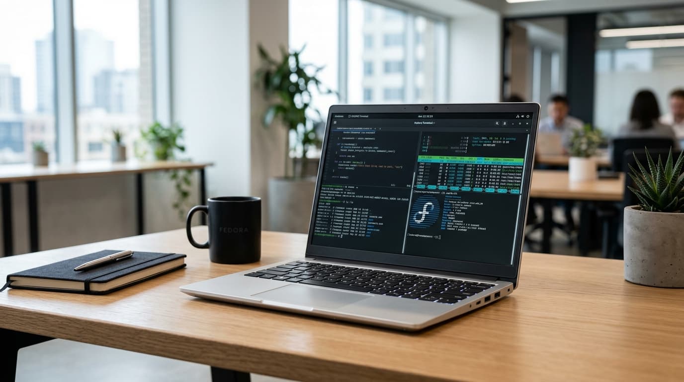 A modern, sleek aluminum Framework laptop sitting on a minimalist wooden desk, open to reveal a Linu