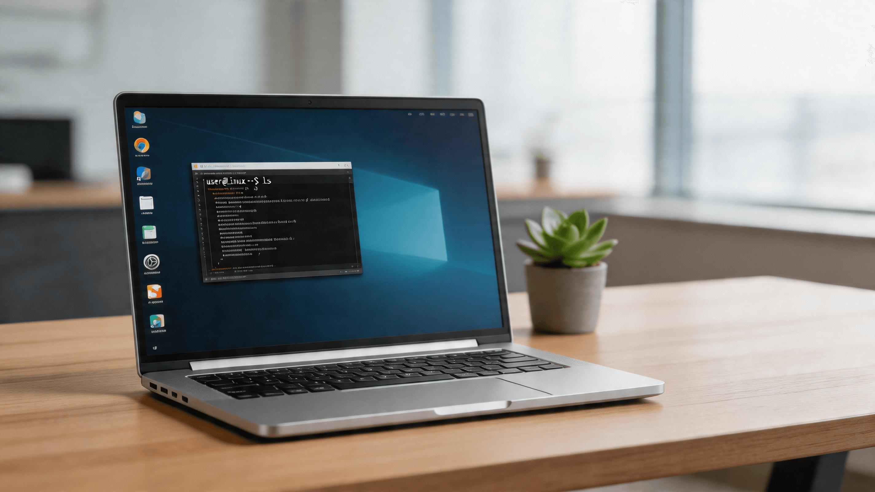 Close-up shot of a sleek, silver aluminum modular laptop with a Linux desktop interface visible on t