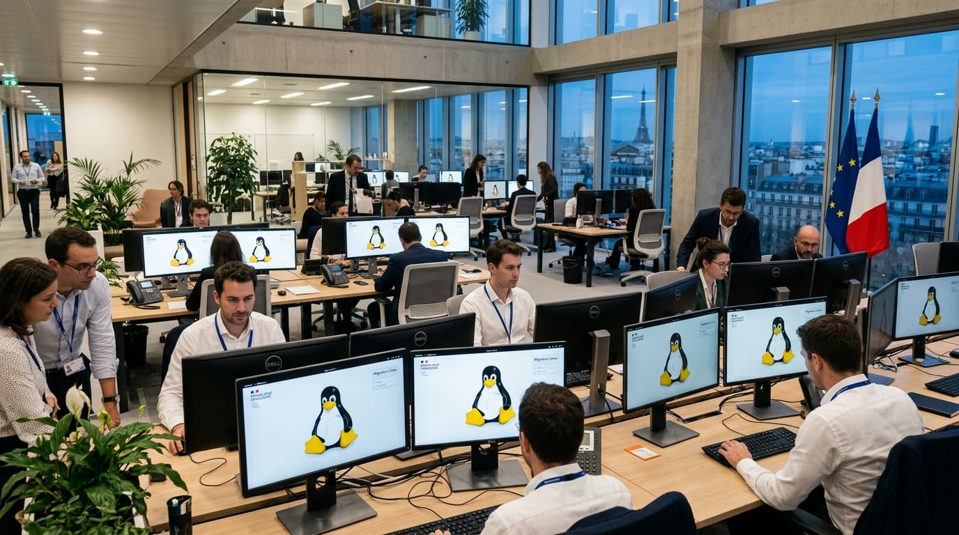 A modern French government office with computer monitors showing the Linux penguin logo, clean aesth