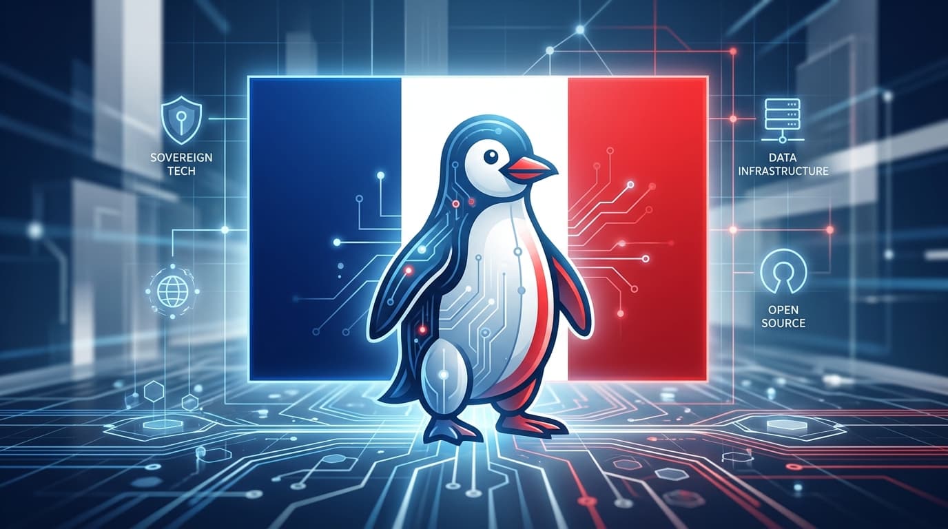 A minimalist, artistic representation of the French flag combined with Linux's iconic penguin logo,