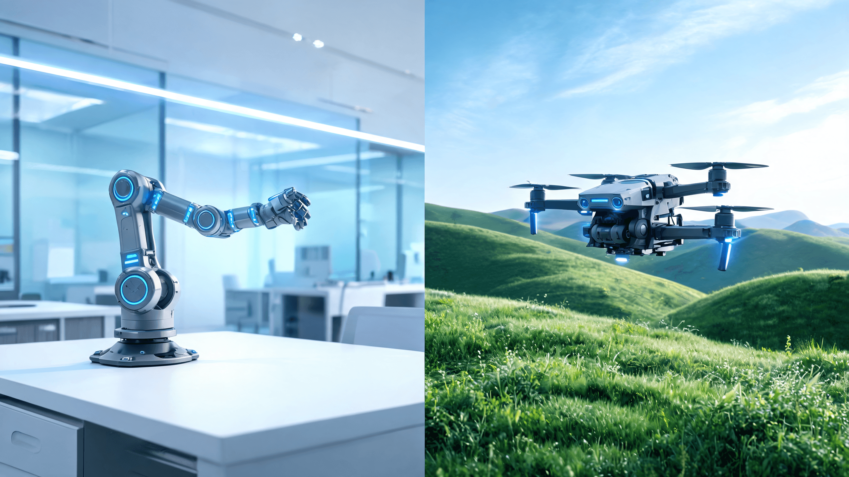 A side-by-side shot showing a sleek desktop robot on the left and a modular industrial drone in a na