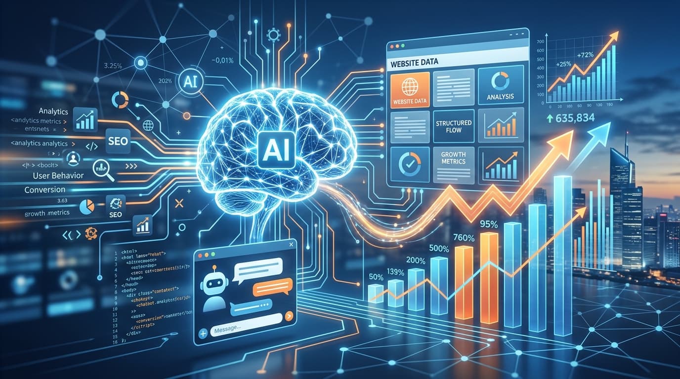 A conceptual, modern digital graphic illustrating a chatbot or AI brain analyzing structured website