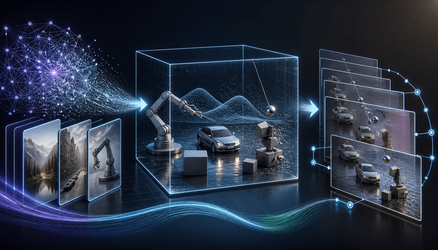 From Generation to Simulation: The Era of Physics-Aware and State-Persistent Intelligence. Depict th