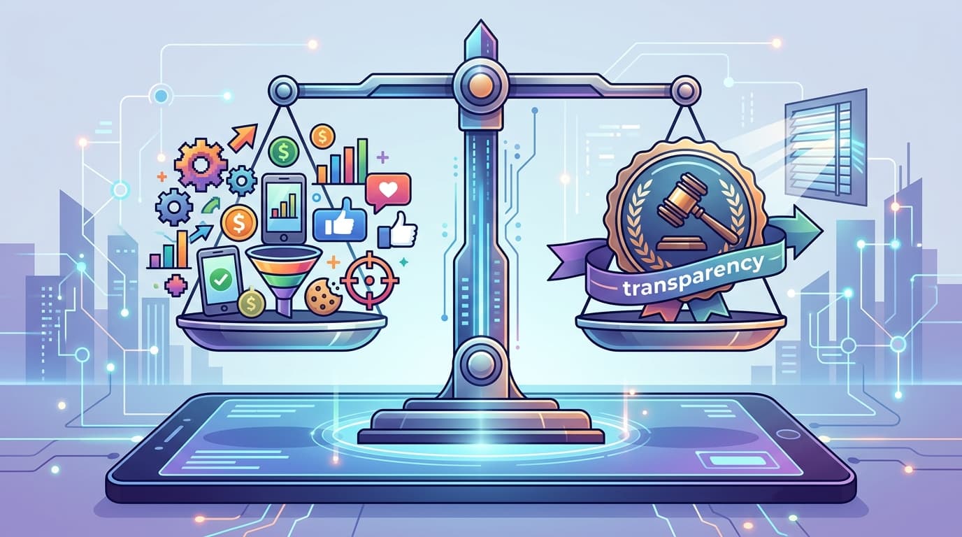 A graphic illustration representing a balancing scale on a digital platform, with various colorful a