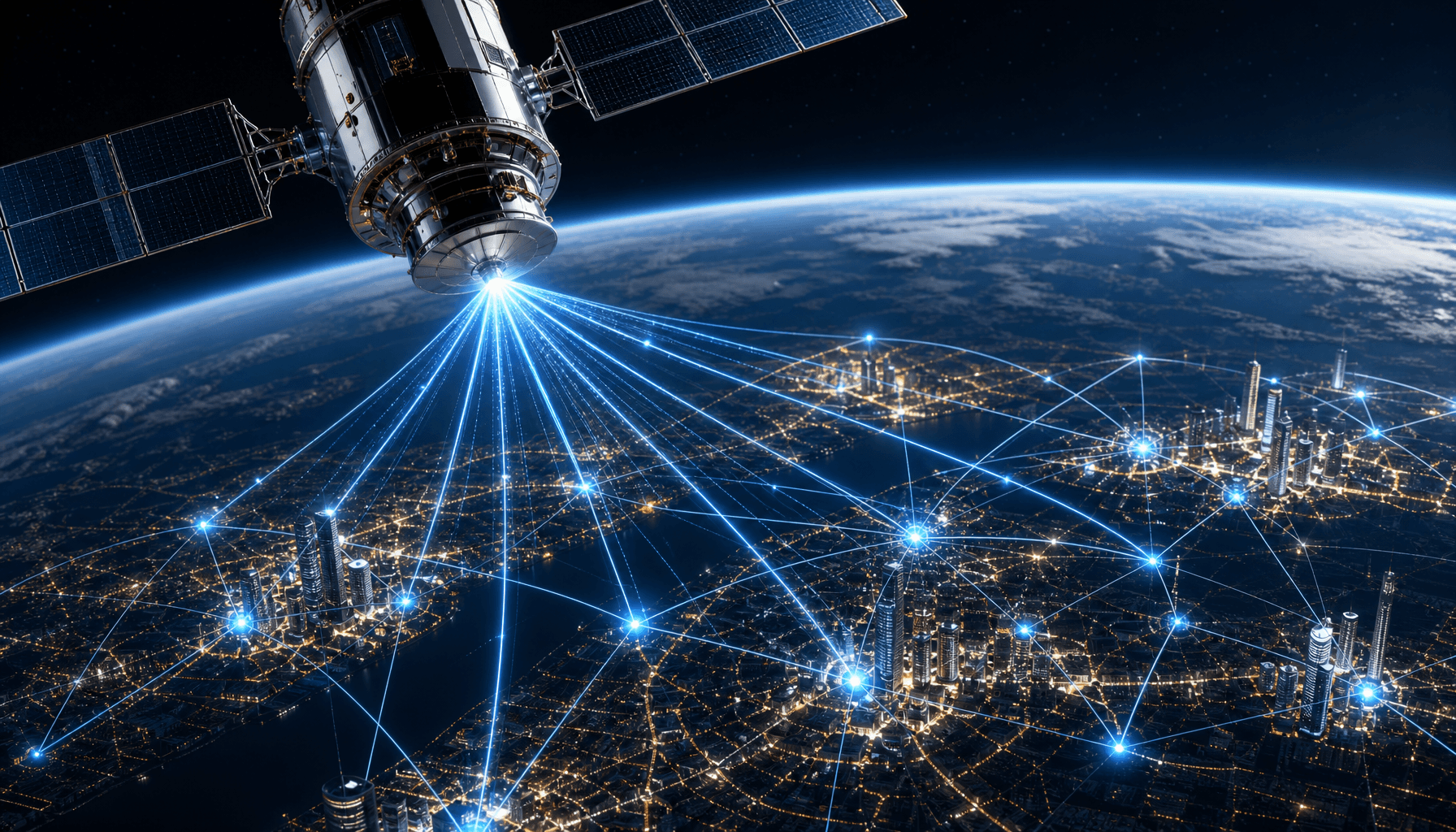 A close-up of a satellite orbiting Earth with glowing data lines radiating down to a stylized, inter