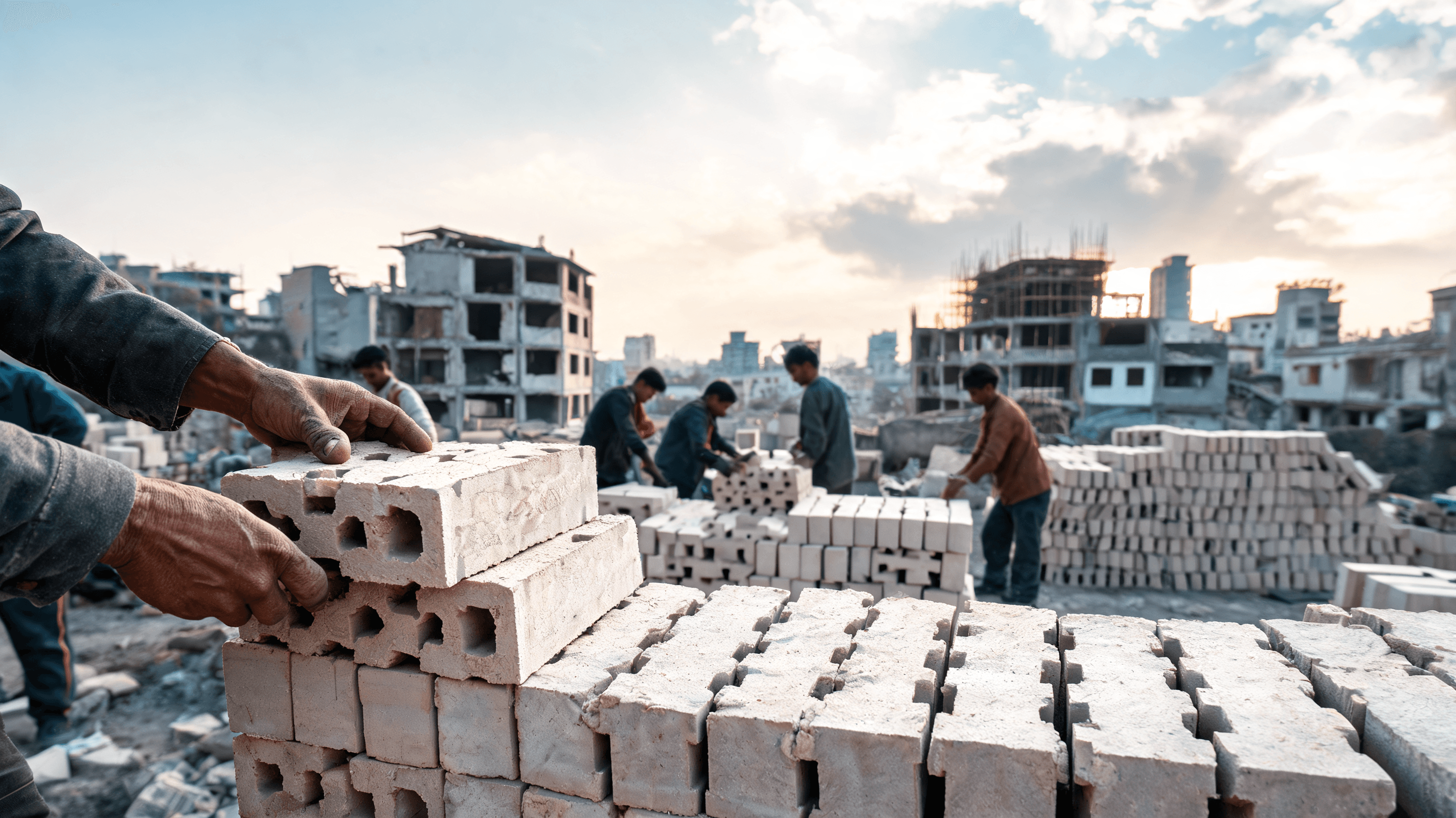 A powerful scene showing local hands stacking interlocking, light-colored bricks made of recycled de