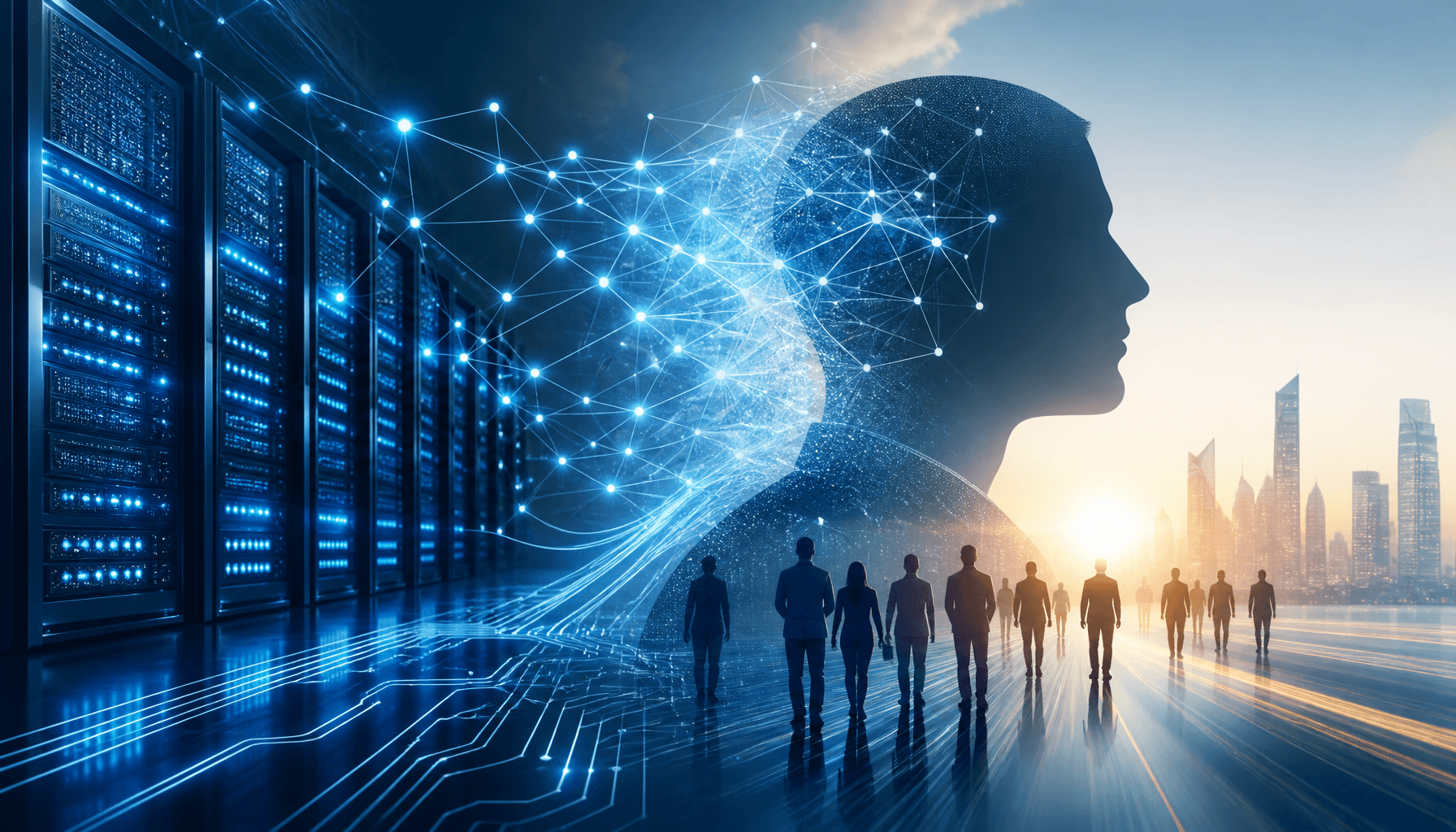 A futuristic digital landscape showing glowing server racks and neural network pathways, blending in