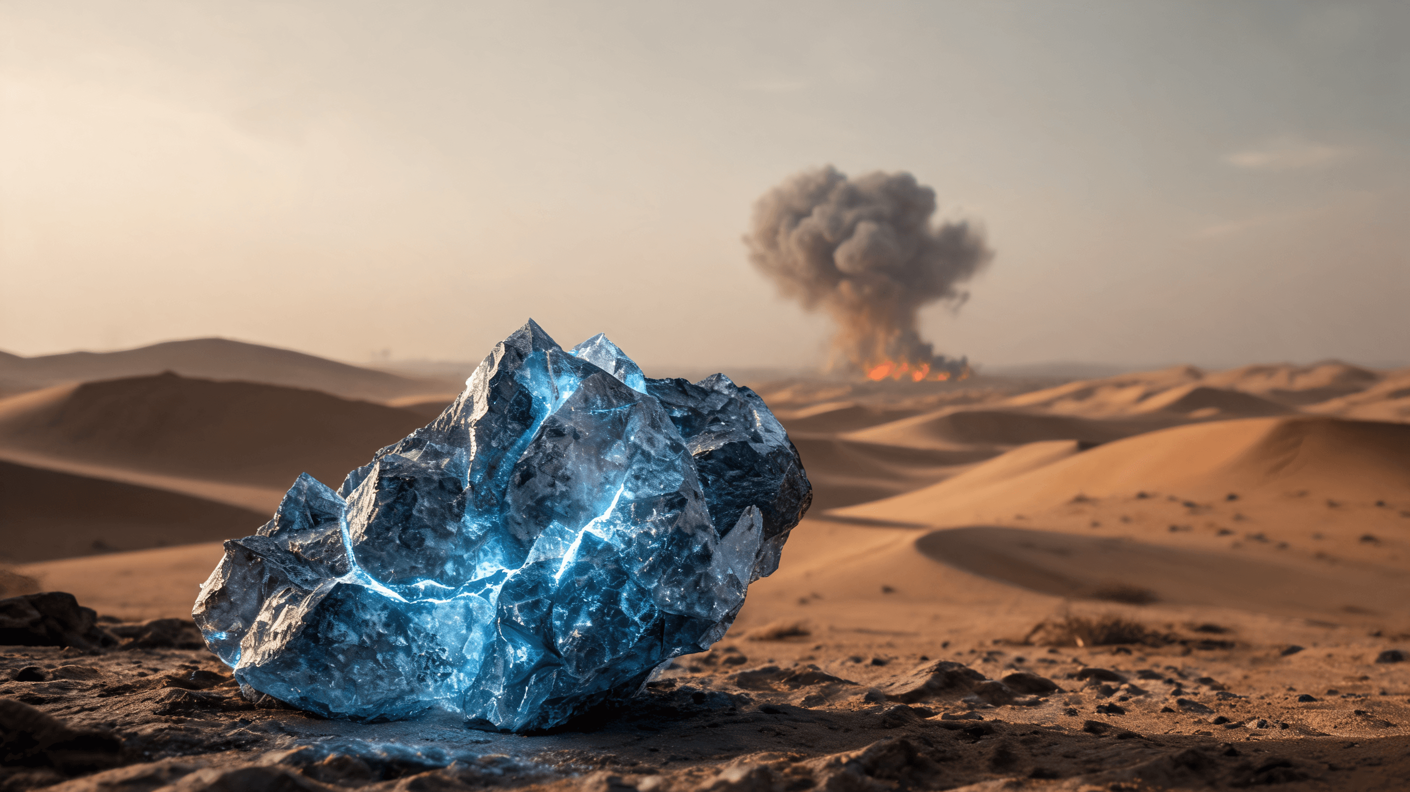 A macro photograph of an unusually shaped, jagged mineral fragment found in a desert landscape, glow