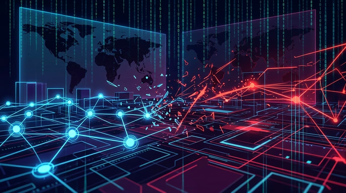 A futuristic digital battlefield with abstract network nodes being attacked, binary rain, geopolitic