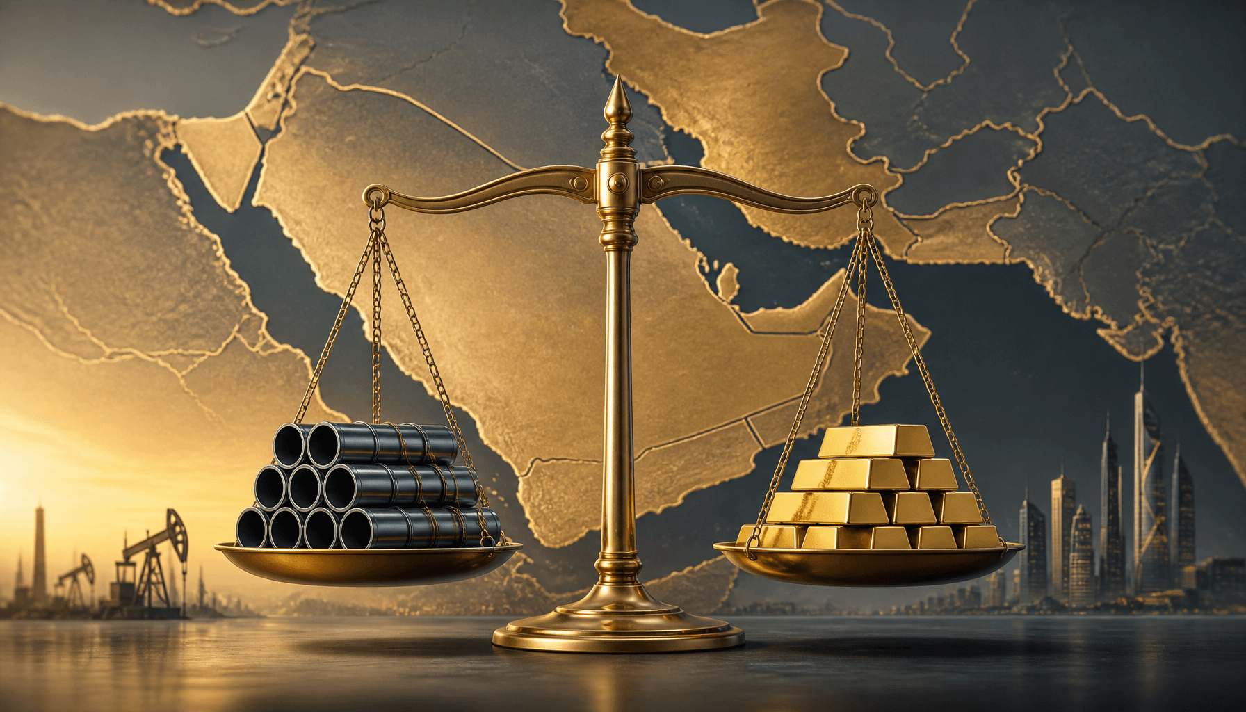 A digital illustration of oil pipelines and gold bars balancing on a scale against a backdrop of a s