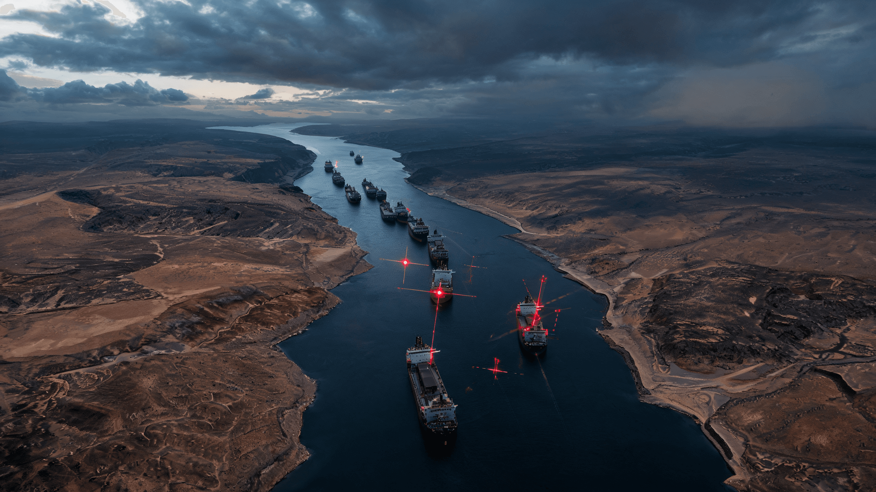 A dramatic satellite map view of the Strait of Hormuz with red laser-guided strike markers, dark oil