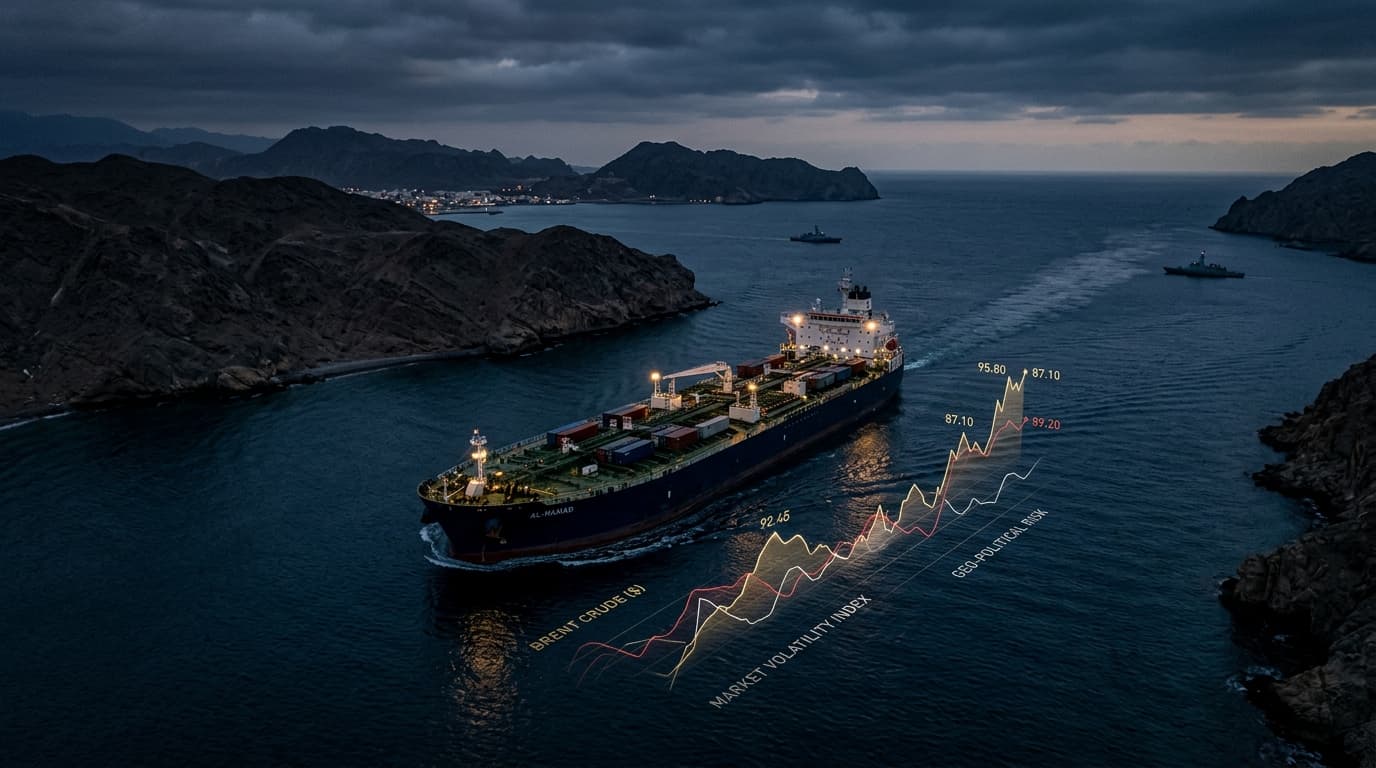 An atmospheric, cinematic overhead shot of a large oil tanker navigating the narrow, strategic water
