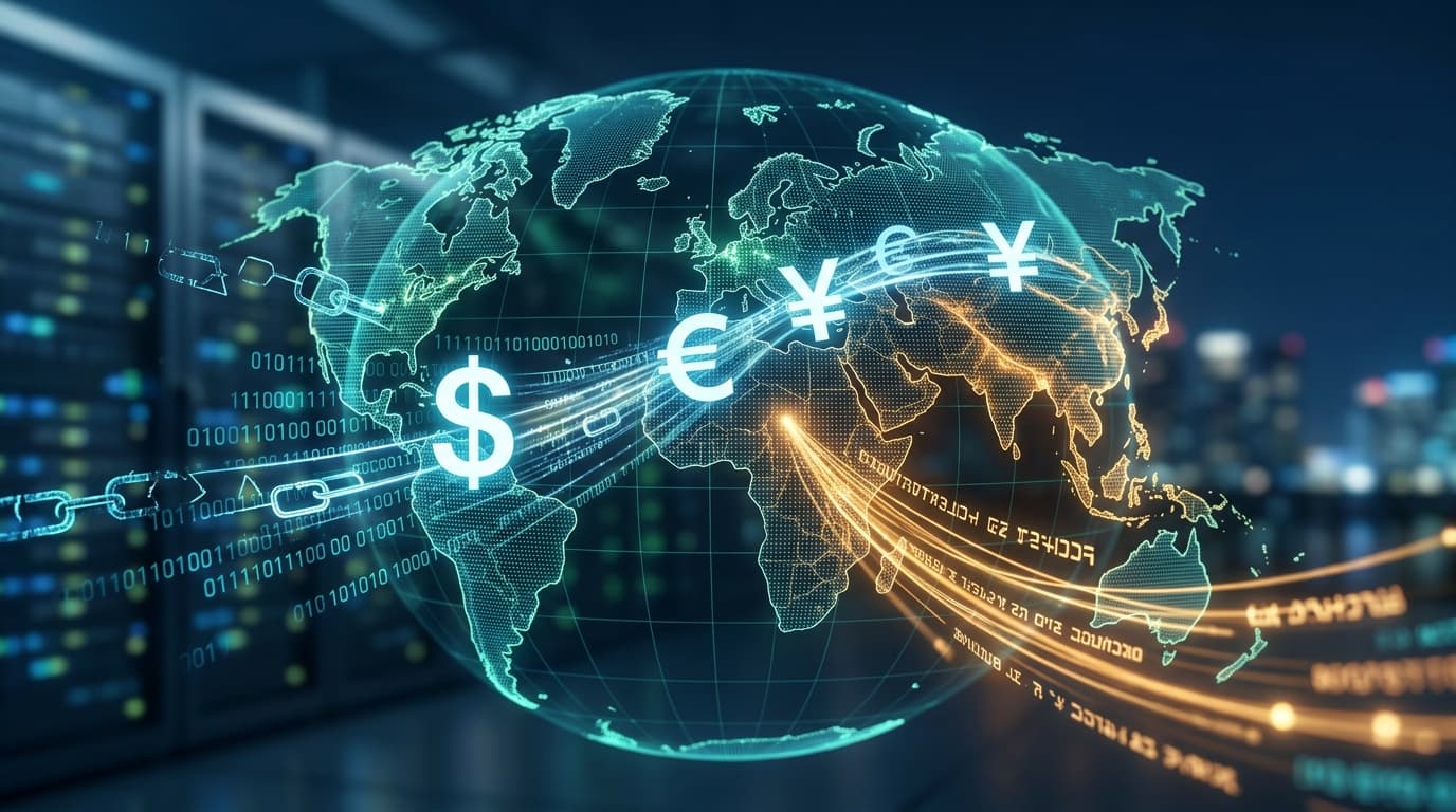 An abstract, powerful image depicting digital currency and global maps, symbolizing the intersection