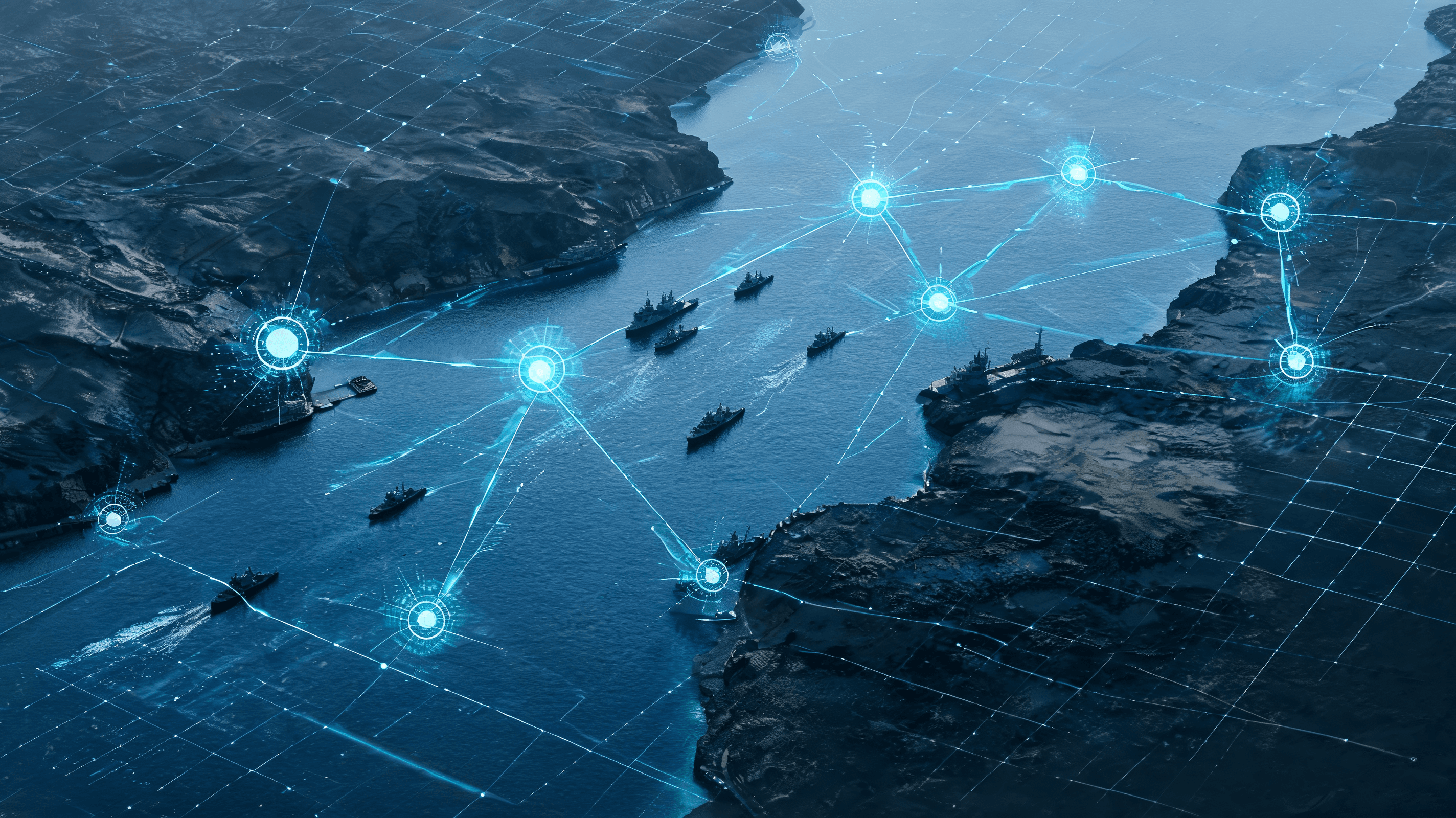 A tactical map of the Strait of Hormuz with digital nodes representing interconnected infrastructure