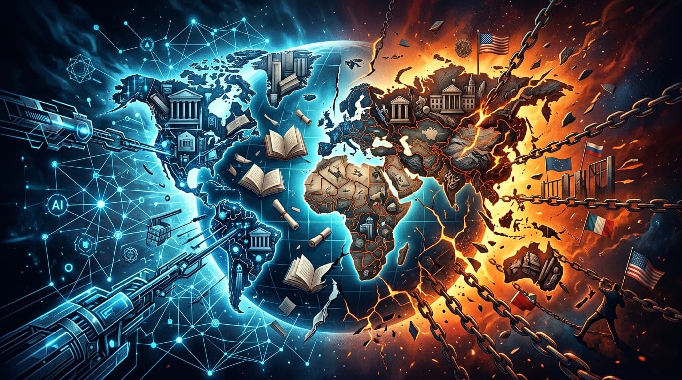 An abstract, metaphorical illustration of the global academic map being pulled in opposite direction