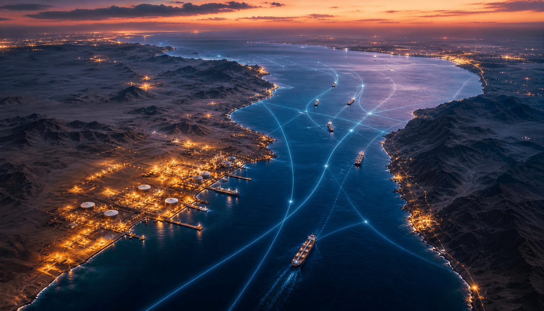 A dramatic satellite view of the Red Sea region at dusk, with glowing oil infrastructure on the coas