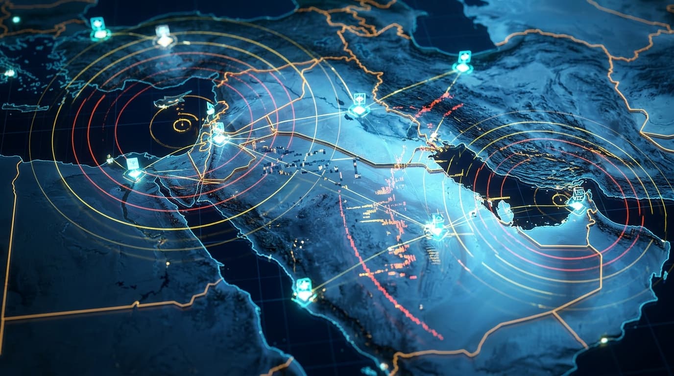 A digital map featuring glowing data center nodes in the Middle East, with overlaid radar or radar i