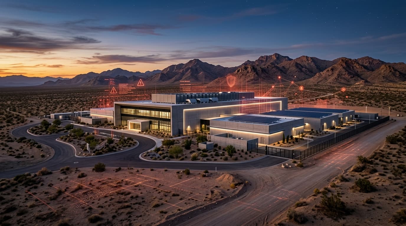A modern, futuristic data center facility located in a desert landscape at dusk, with digital warnin
