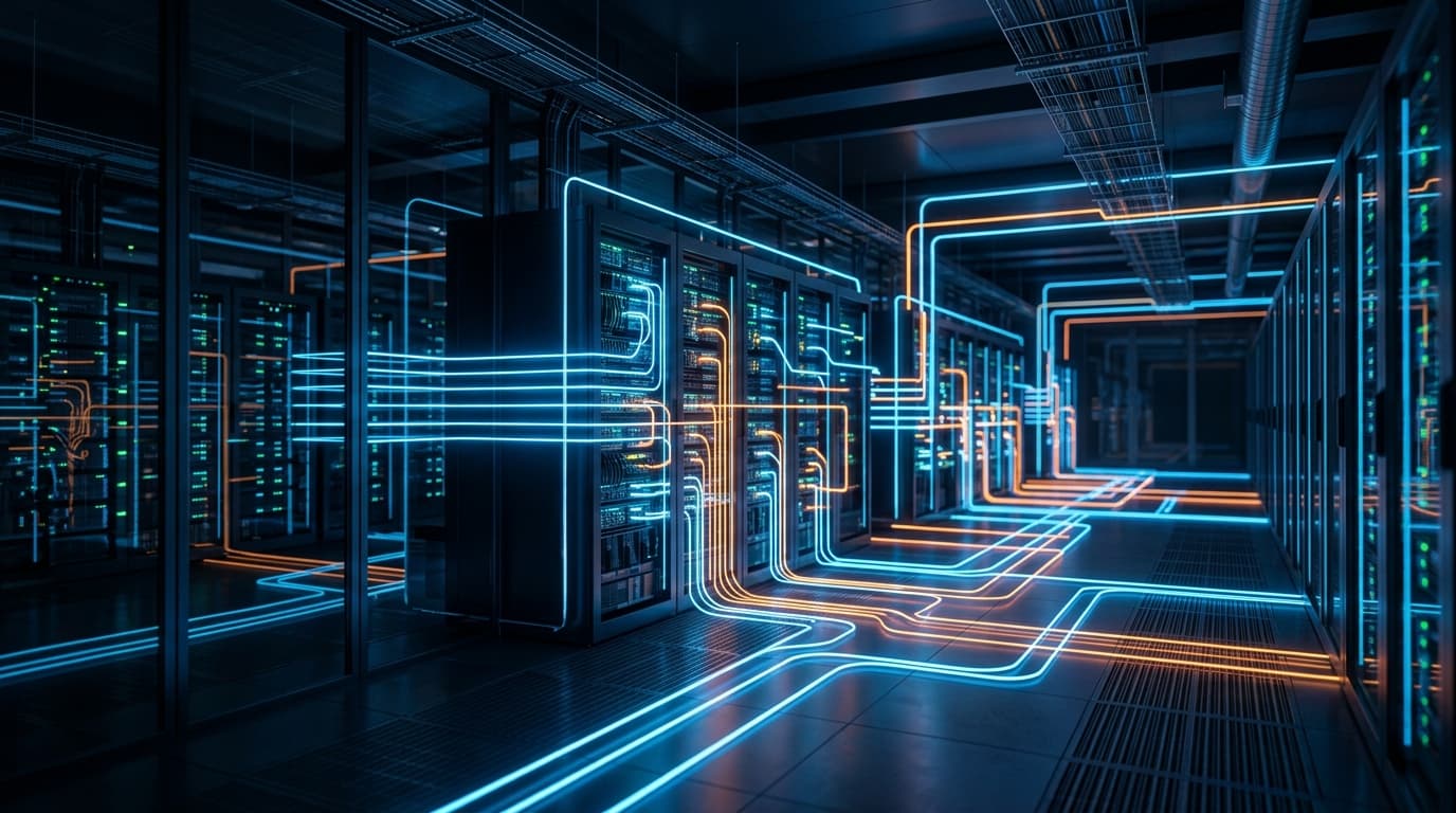 A modern, high-tech server room with glowing blue and orange light-up lines connecting various types