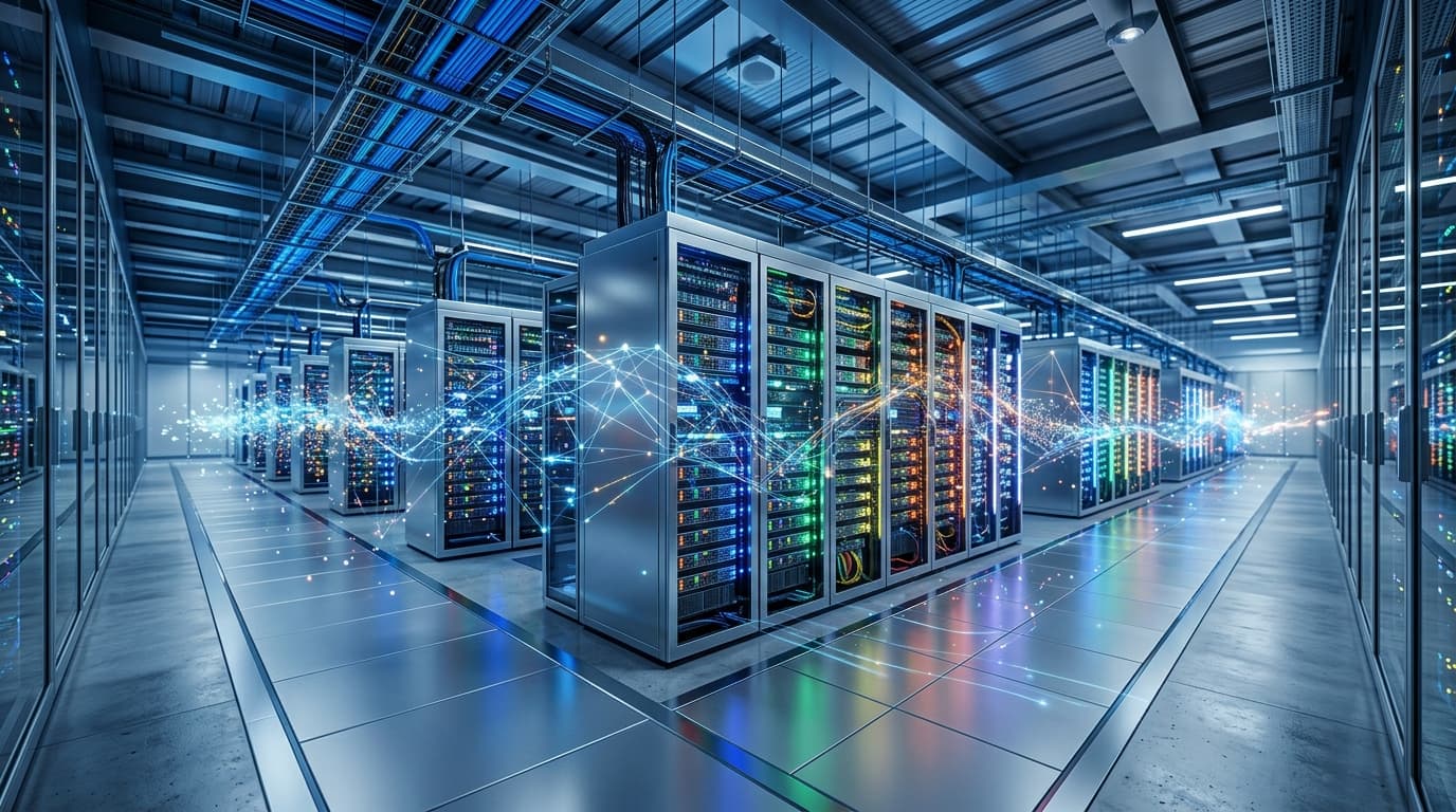 A futuristic data center server room with glowing lights in various colors representing different ch