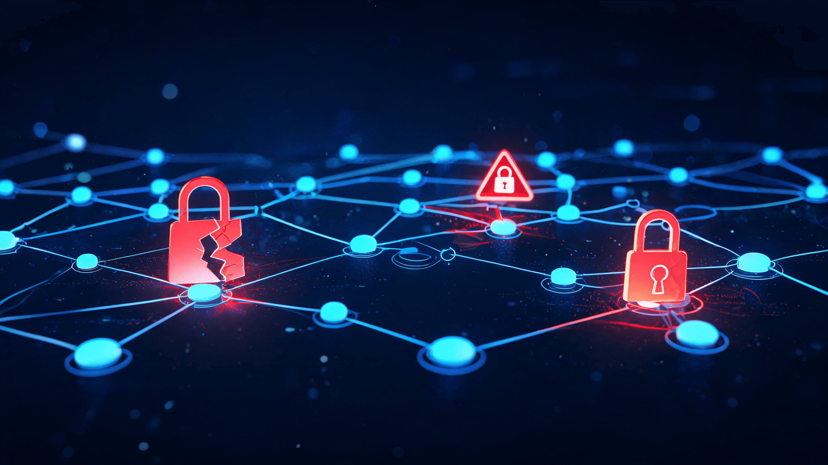 A conceptual digital illustration of a glowing, vulnerable digital ecosystem or network, with small