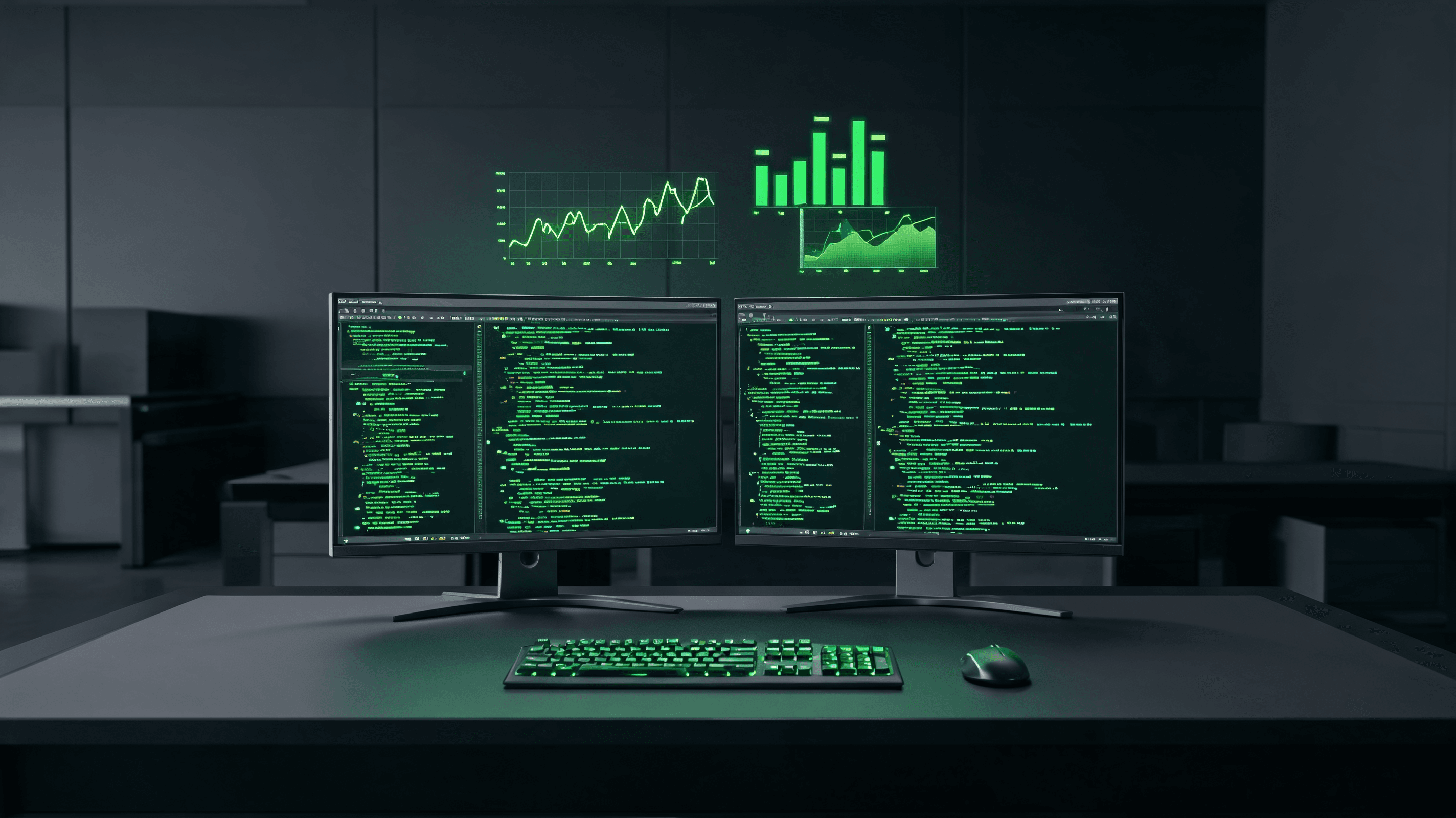 A modern software development workstation with dual monitors displaying complex code, stylized graph