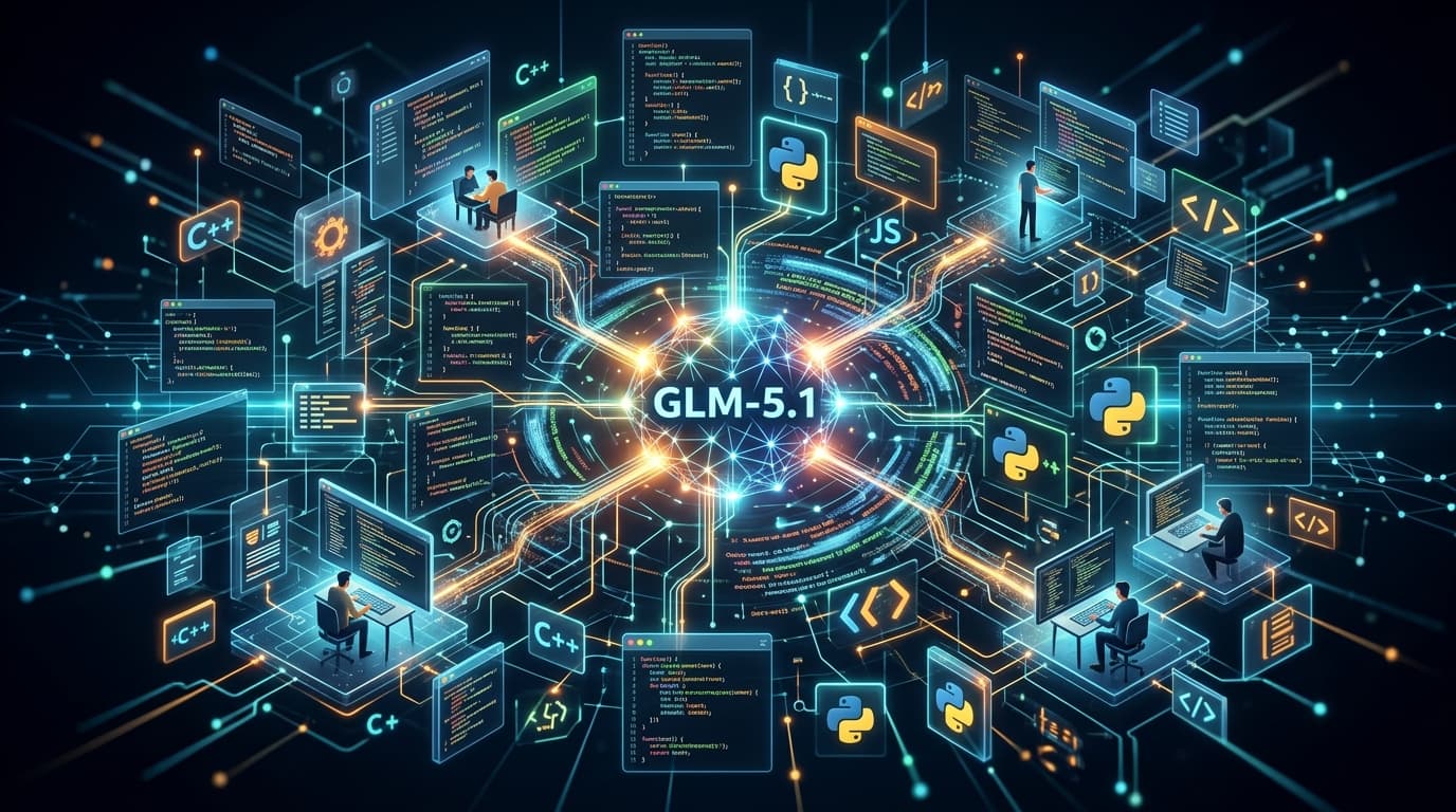 A digital illustration of an open-source coding environment with stylized code fragments glowing in