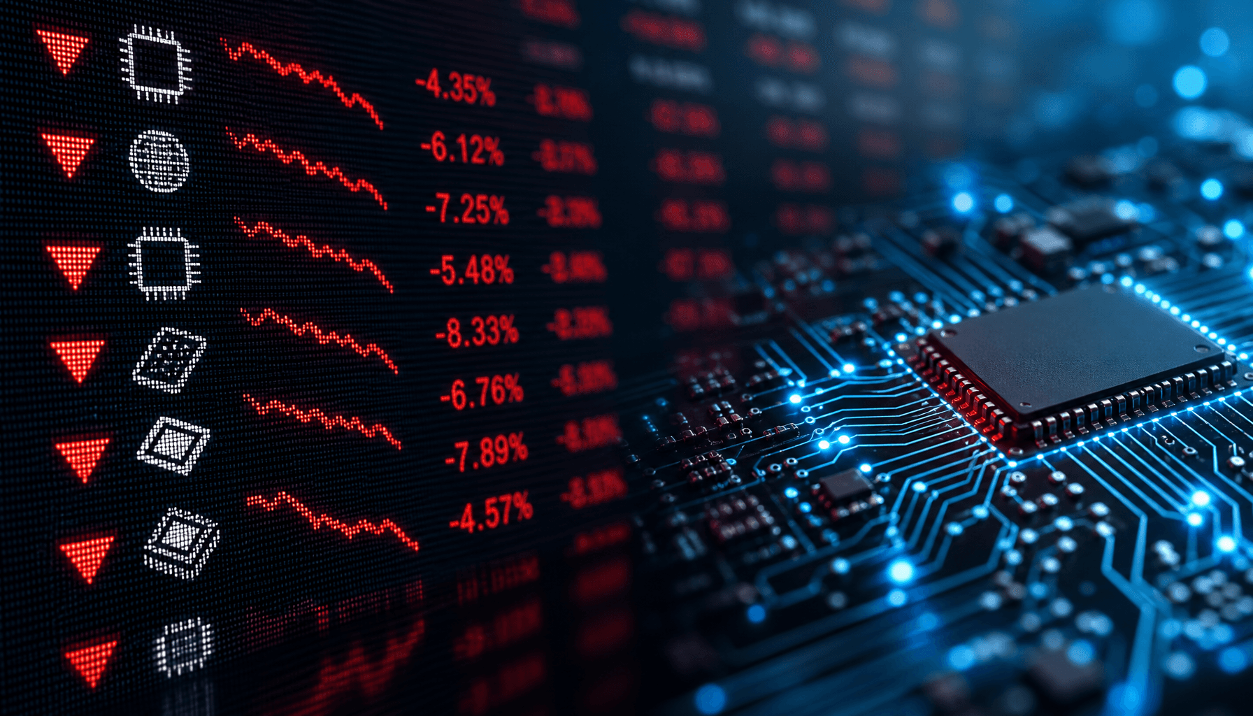 A digital stock market ticker display showing red downward trends in semiconductor stocks, with abst