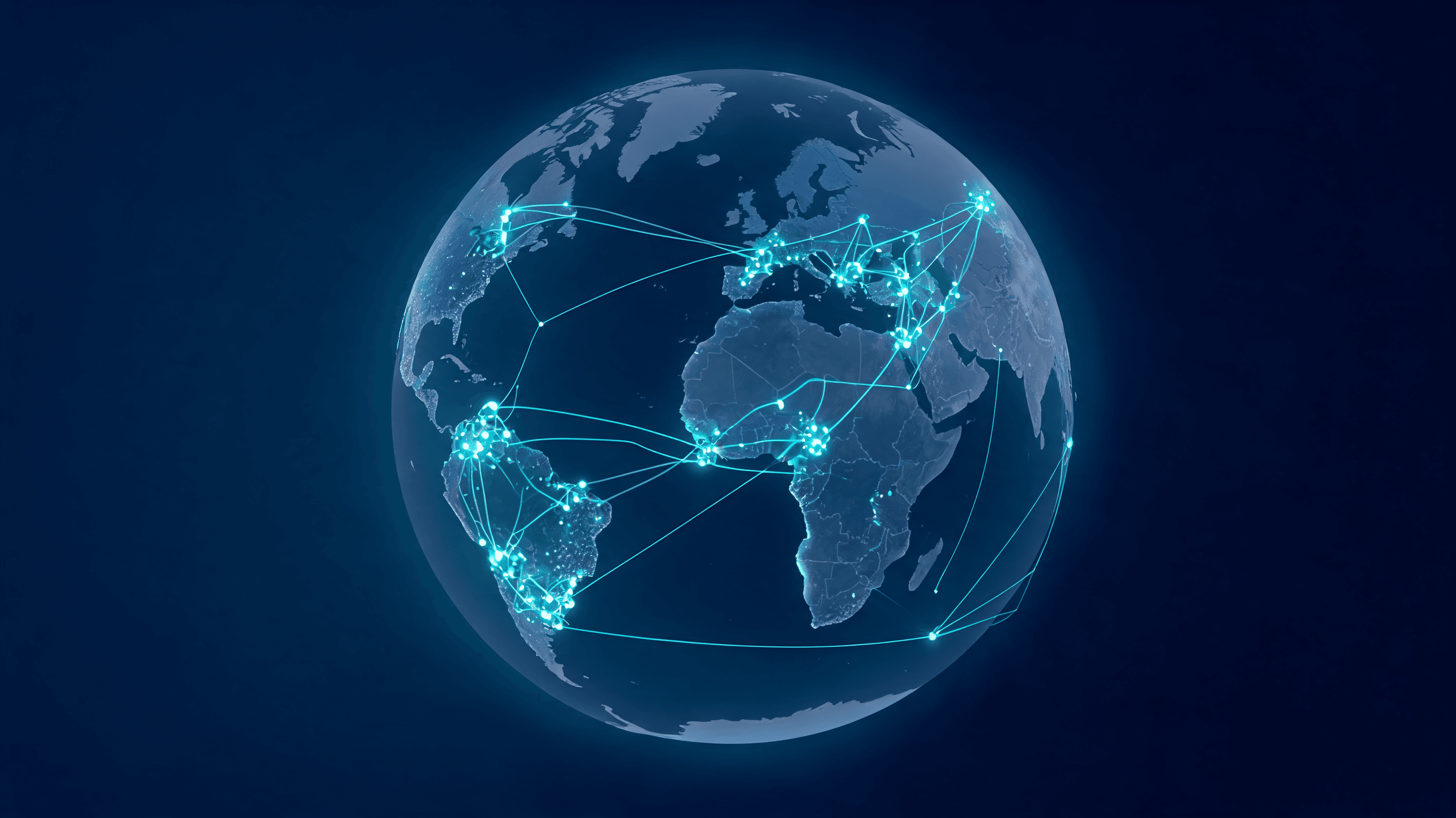 A globe with interconnected digital nodes representing decentralized AI infrastructure. Instead of c